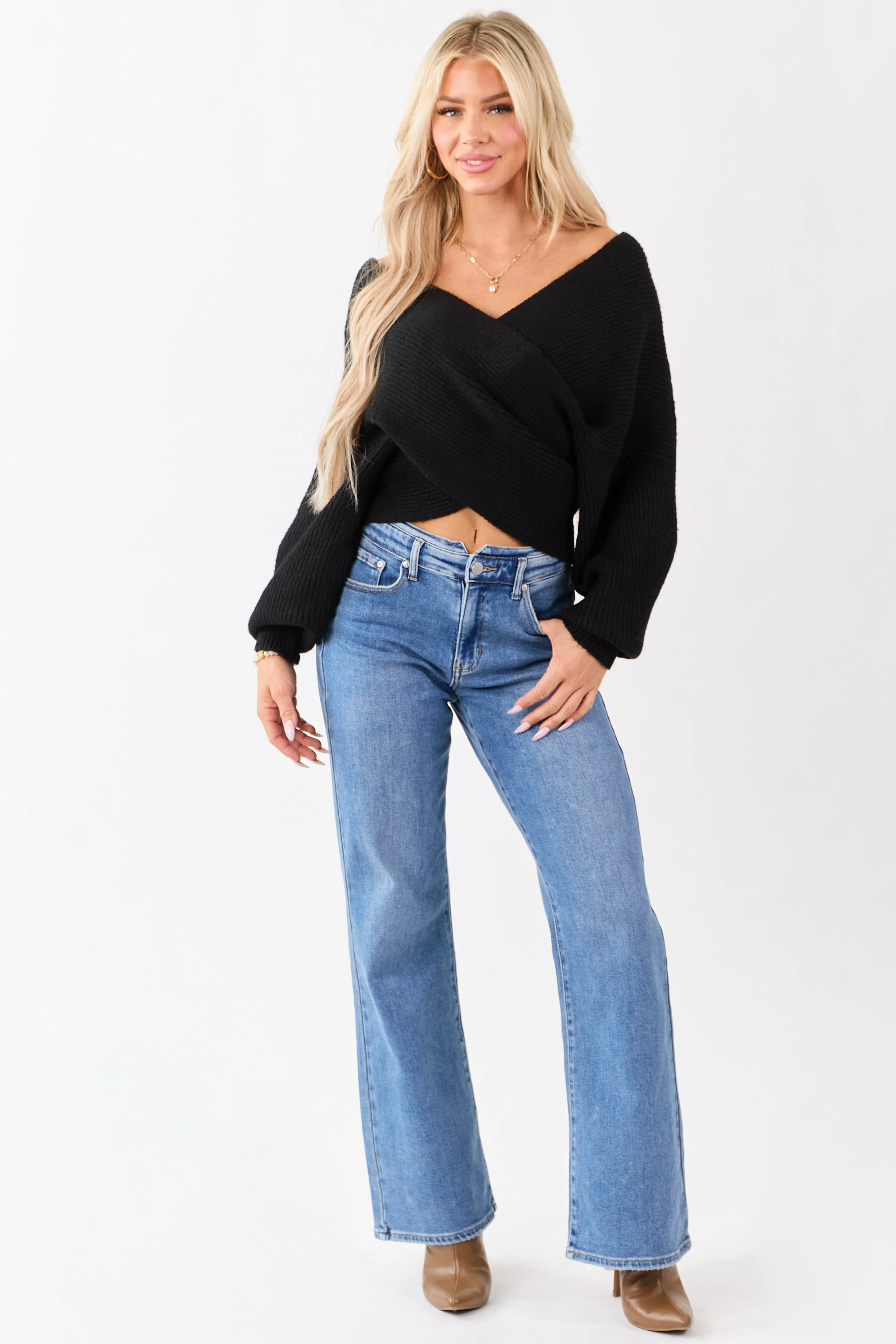 Black Crossover V Neck Puff Sleeve Sweater sold by Lime Lush product image thumbnail 4