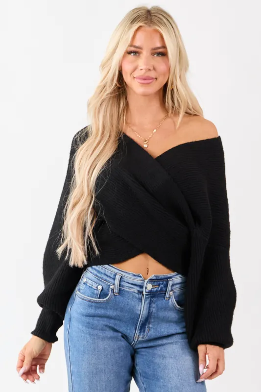 Black Crossover V Neck Puff Sleeve Sweater made by Bluivy