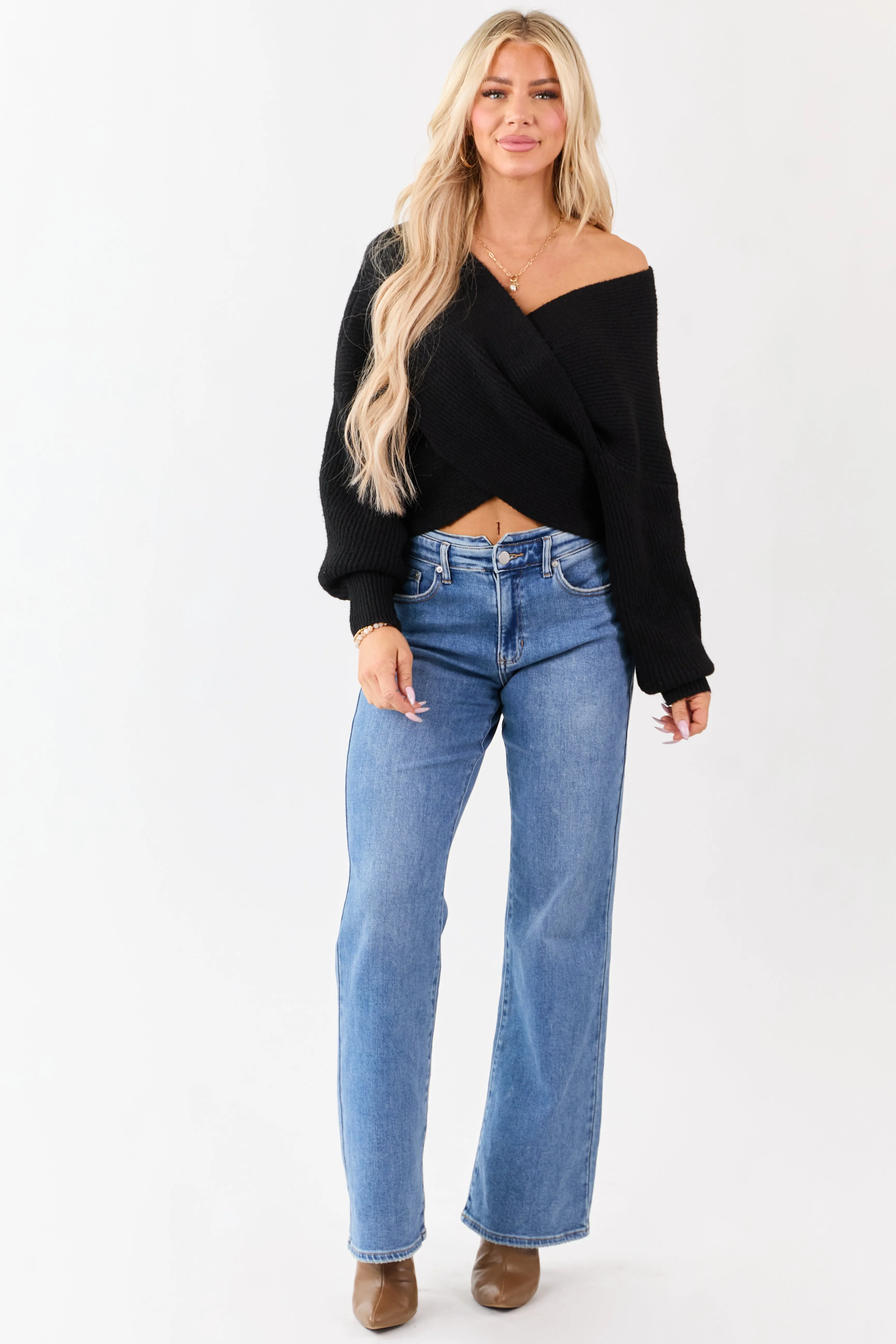 Black Crossover V Neck Puff Sleeve Sweater sold by Lime Lush product image thumbnail 2