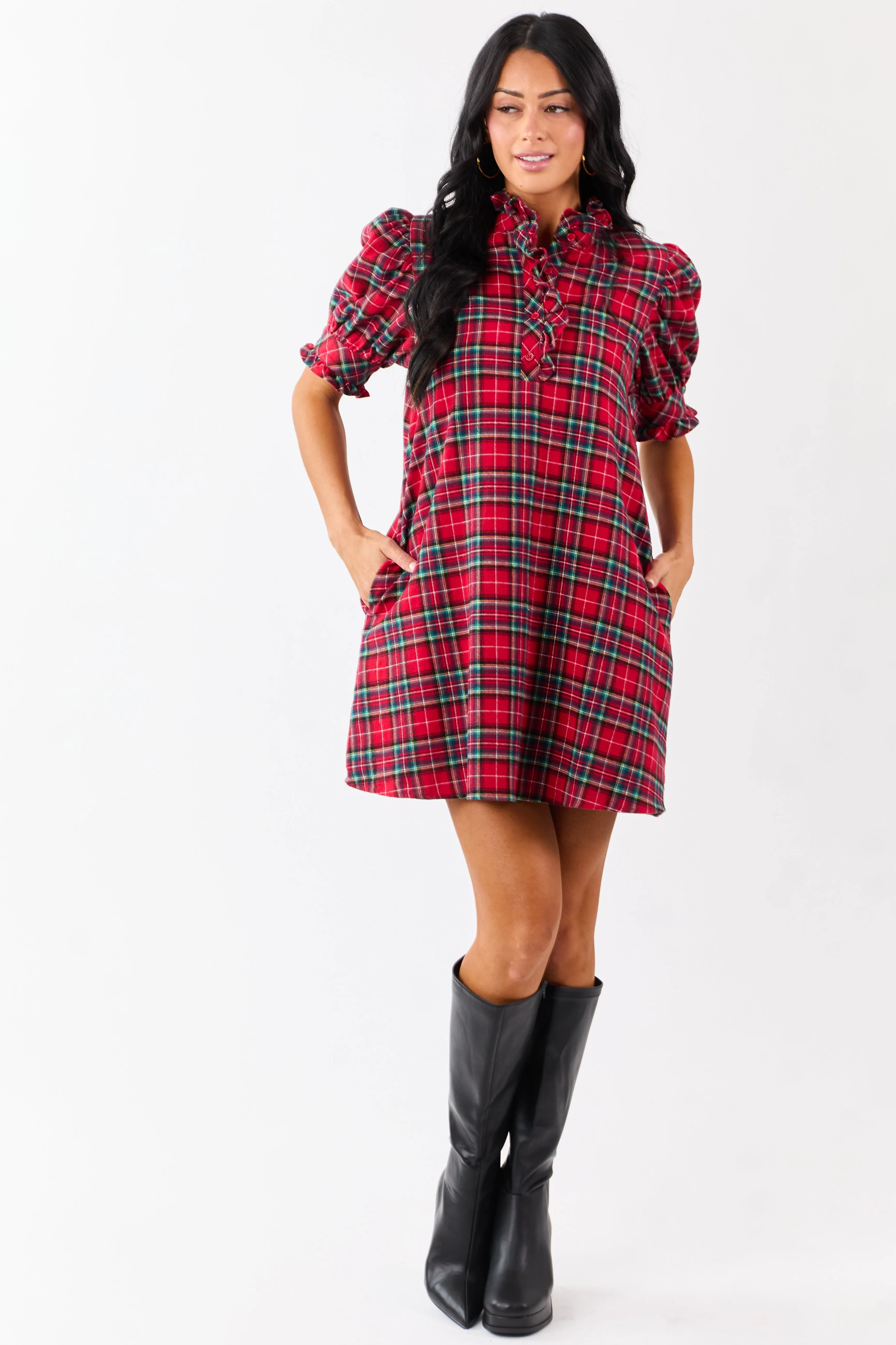 Entro Pomegranate Cotton Plaid Mini Shift Dress sold by Lime Lush