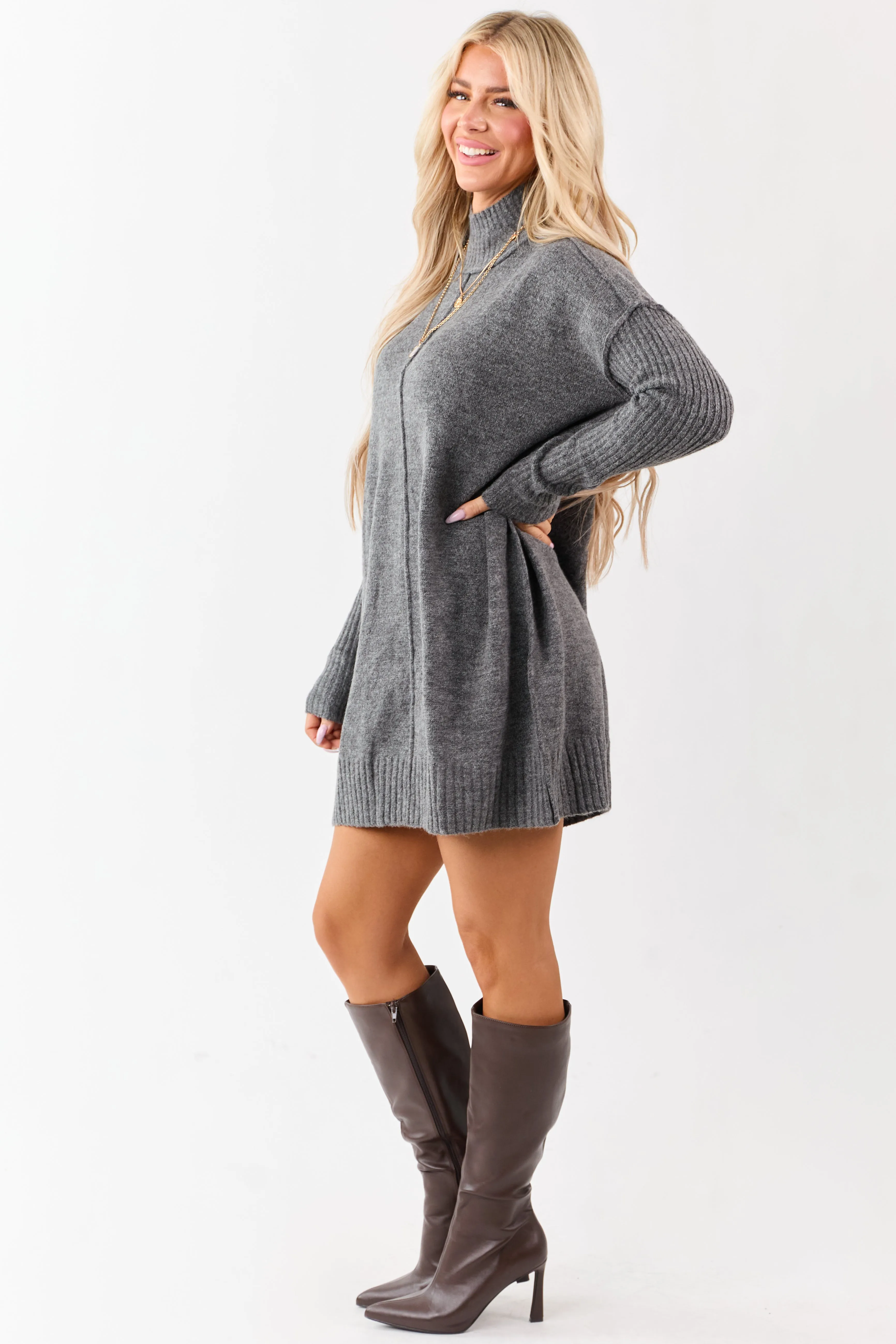 Heathered Charcoal Mock Neck Mini Sweater Dress sold by Lime Lush product image thumbnail 4