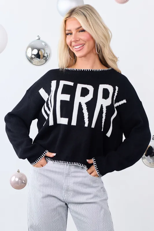 Black 'Merry' Graphic Contrast Stitch Sweater sold by Lime Lush