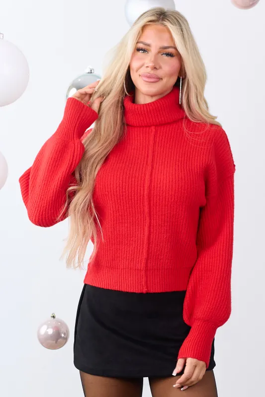 Lipstick Turtleneck Bubble Sleeve Rib Knit Sweater sold by Lime Lush