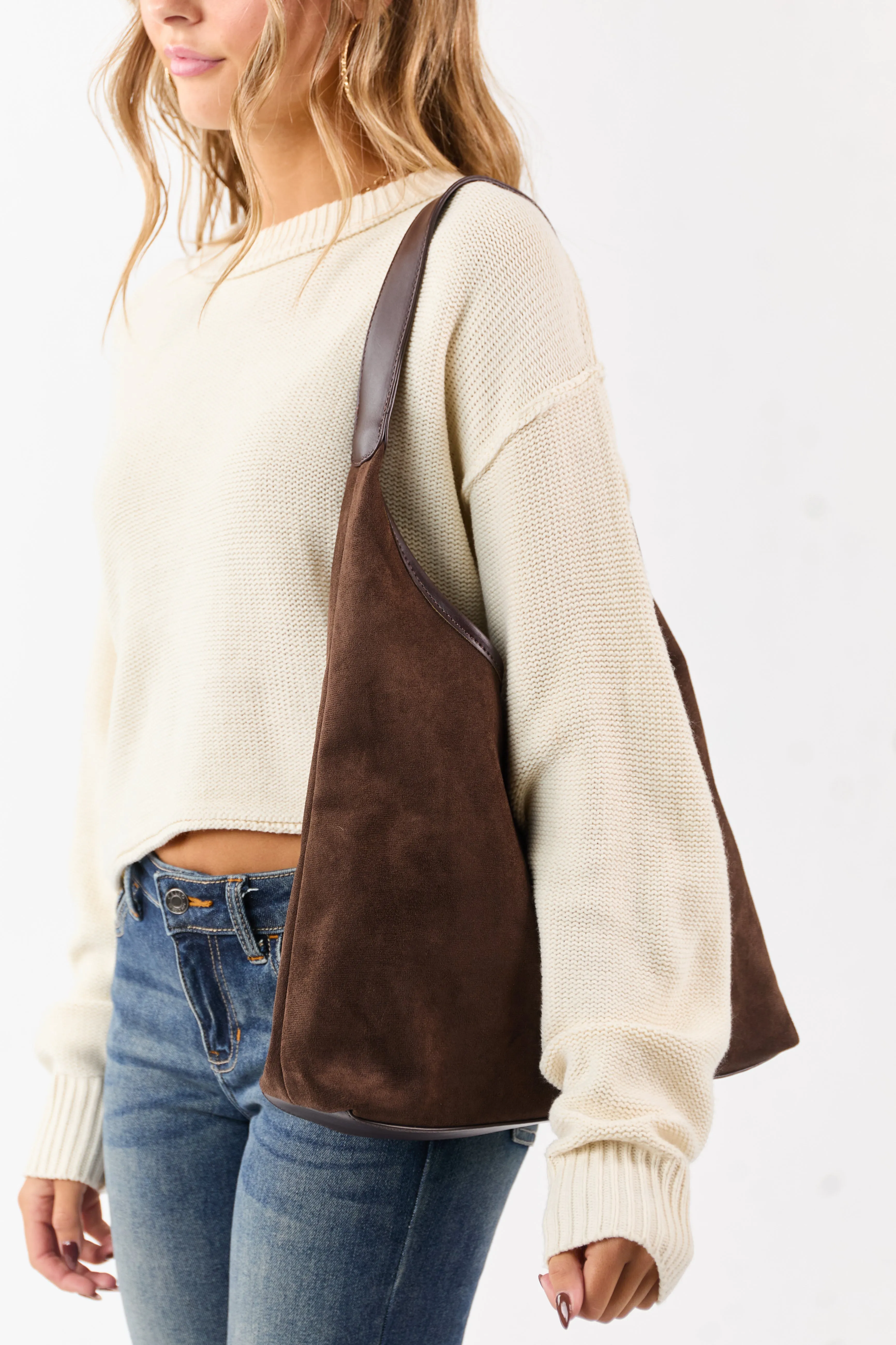 Cocoa Faux Suede Flat Bottom Tote Bag sold by Lime Lush product image thumbnail 4