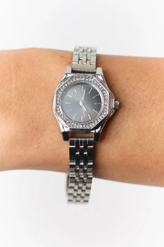 Silver Metallic Rhinestone Trim Octagonal Watch made by Fame Accessories