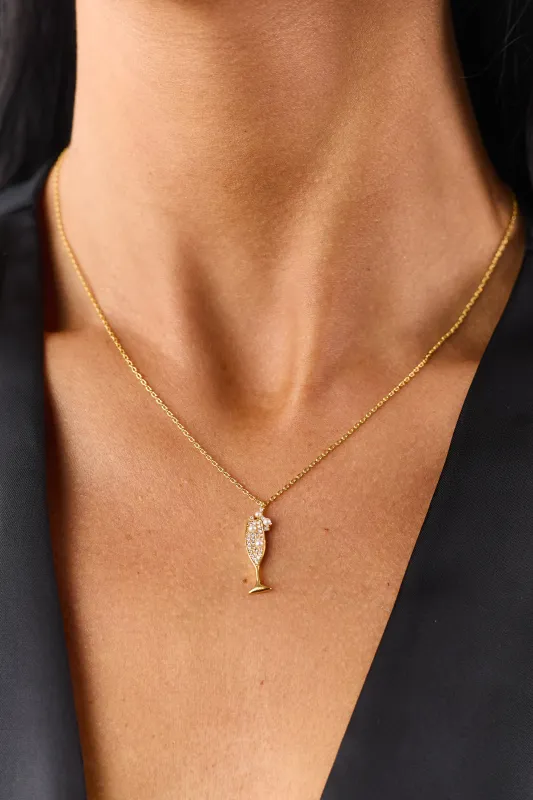 Gold Rhinestone and Pearl Champagne Pendant Necklace sold by Lime Lush