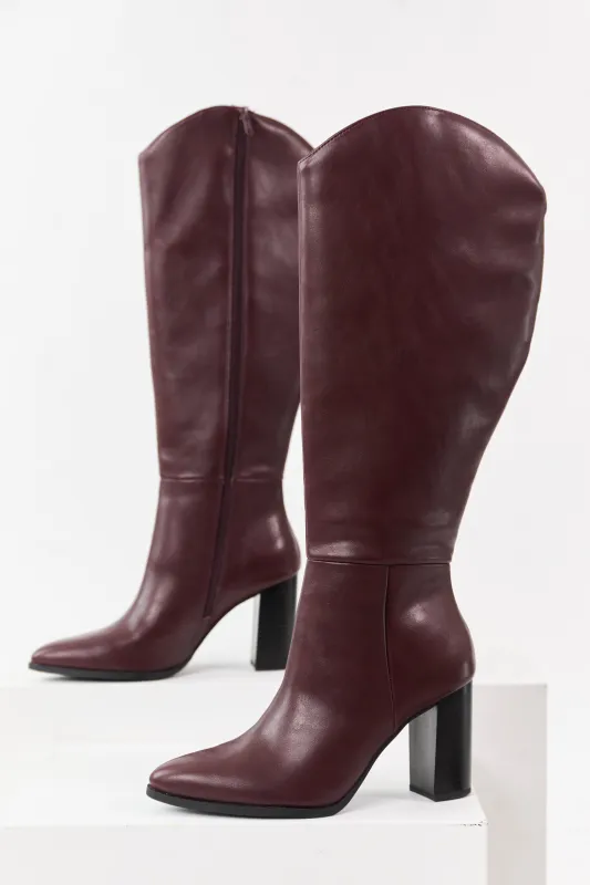 Dark Wine Faux Leather Block Heel Tall Boots sold by Lime Lush