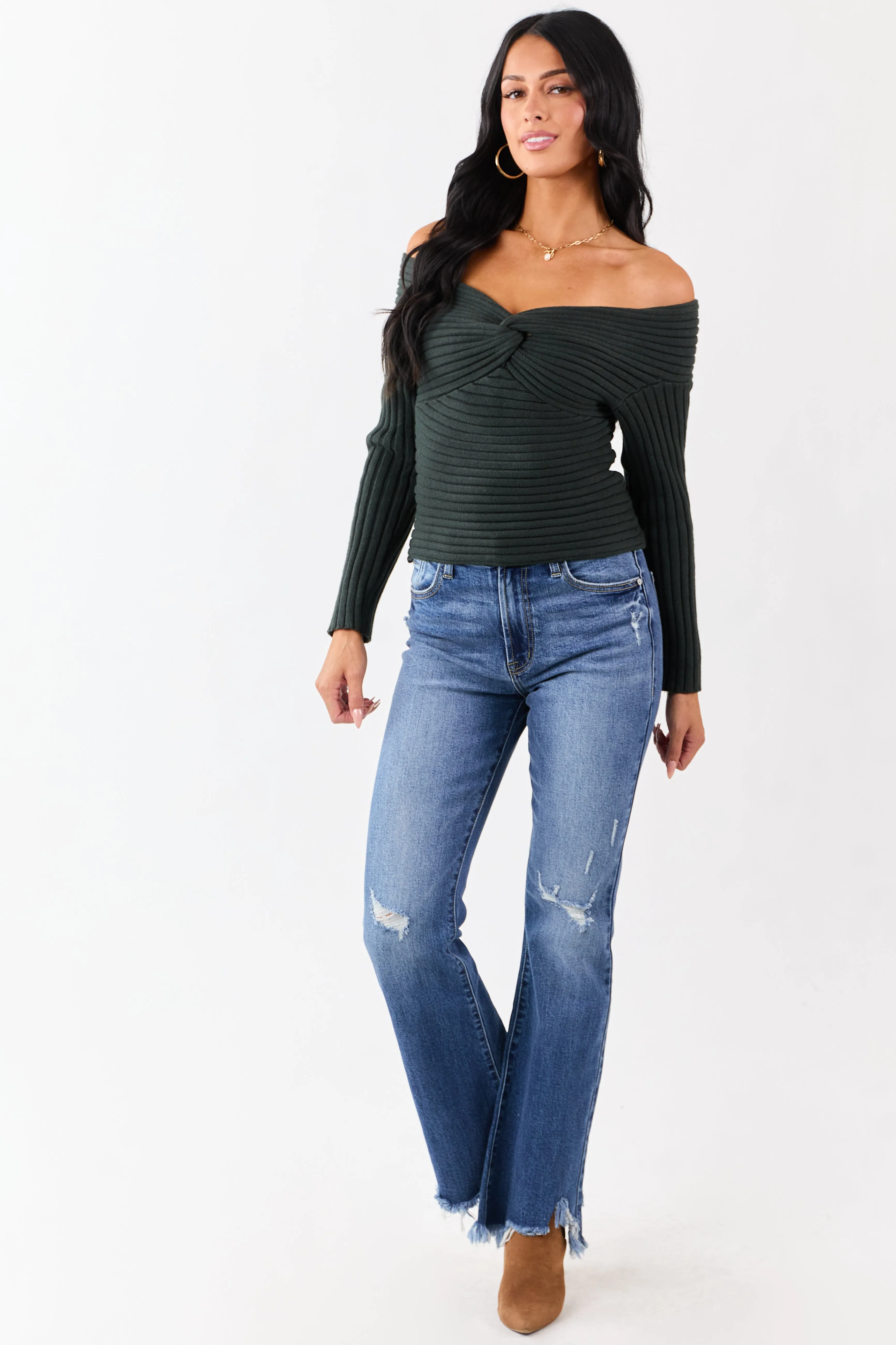 Dark Forest Green Off Shoulder Twist Sweater sold by Lime Lush product image thumbnail 3