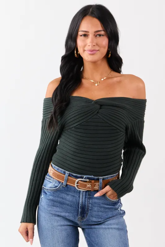 Dark Forest Green Off Shoulder Twist Sweater sold by Lime Lush