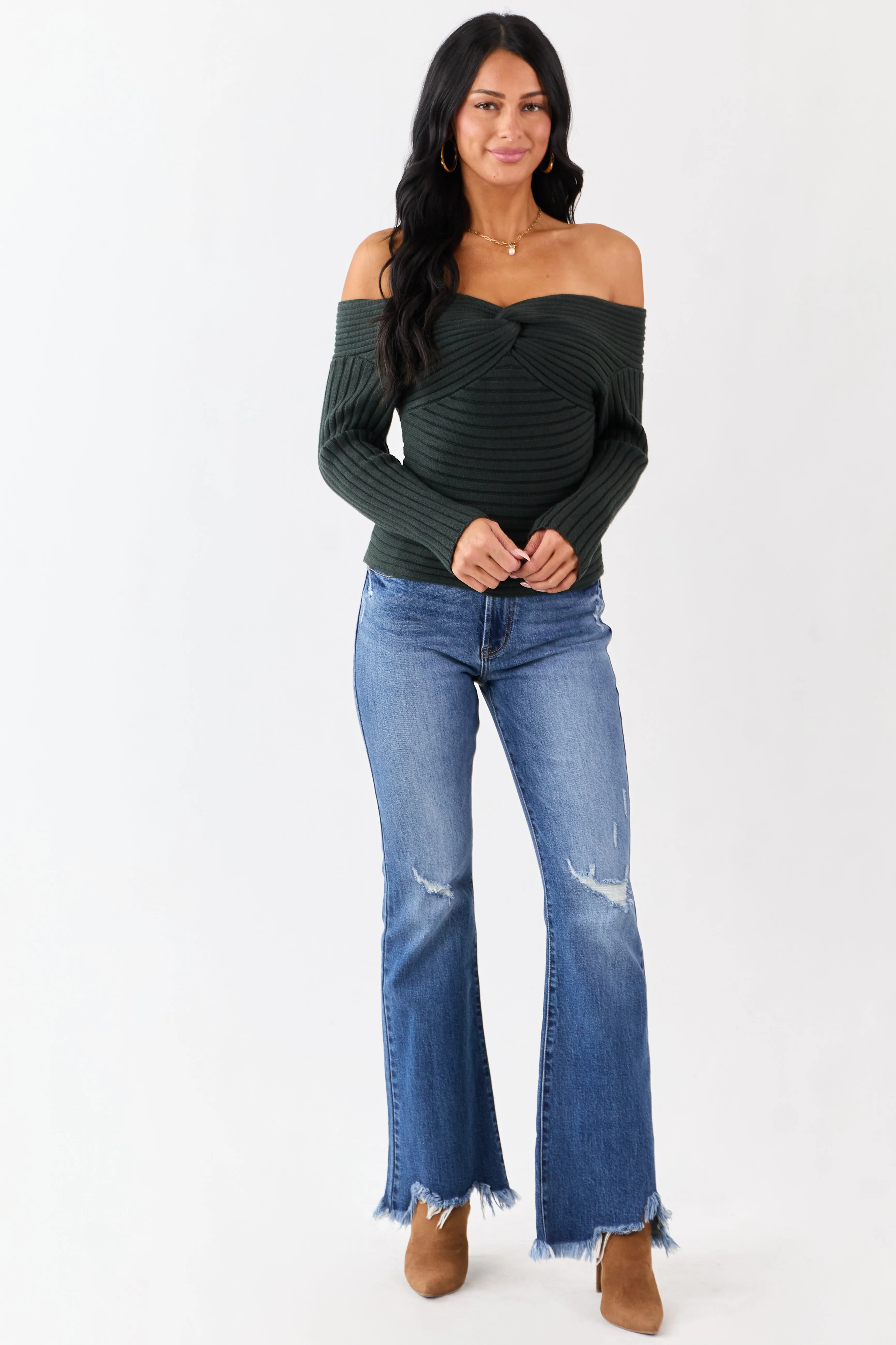 Dark Forest Green Off Shoulder Twist Sweater sold by Lime Lush product image thumbnail 2