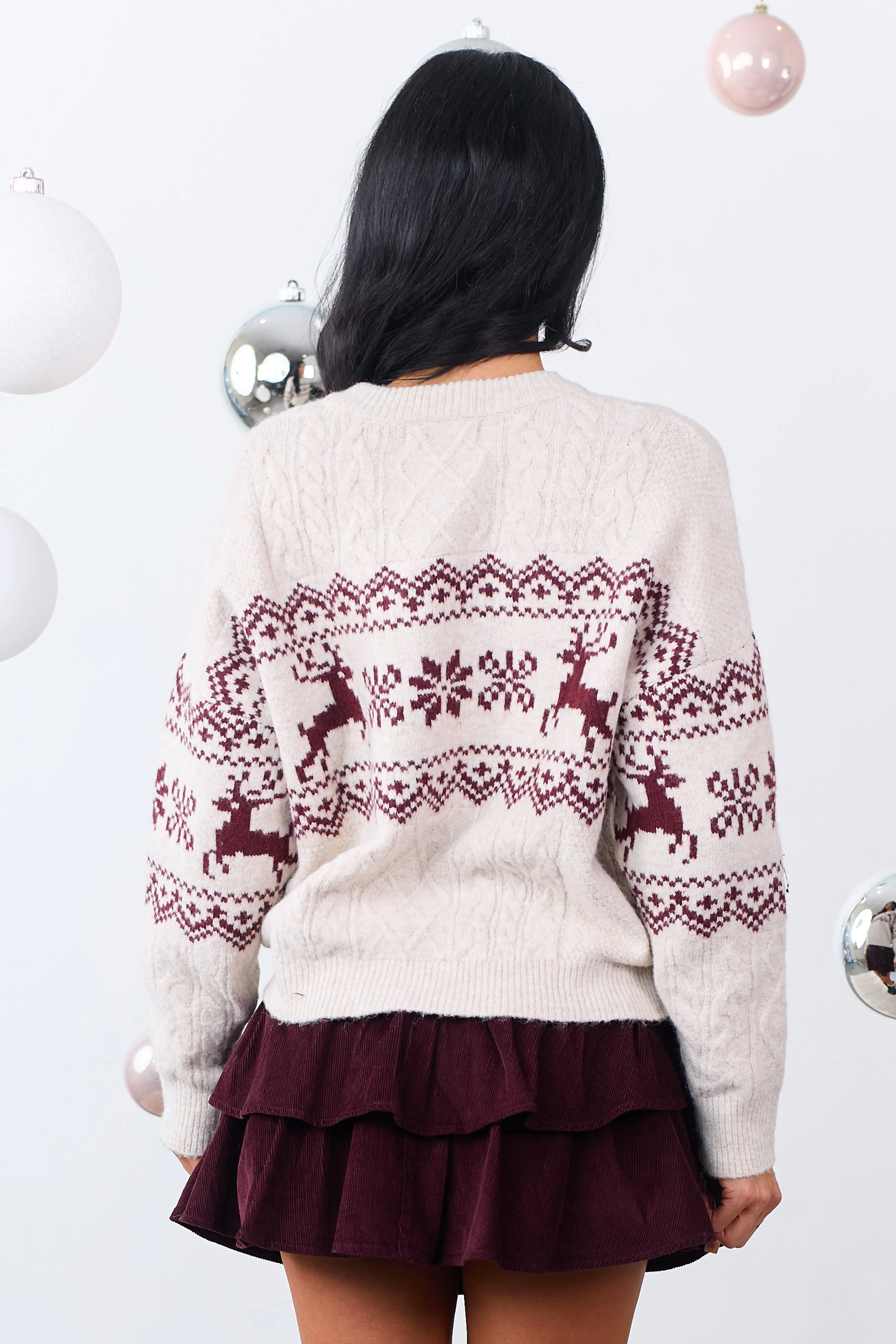 Coconut Fair Isle Reindeer Cable Knit Sweater sold by Lime Lush product image thumbnail 5