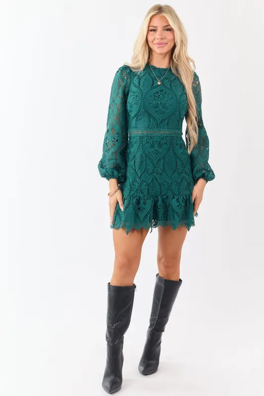Dark Pine Long Puff Sleeve Lace Mini Dress sold by Lime Lush