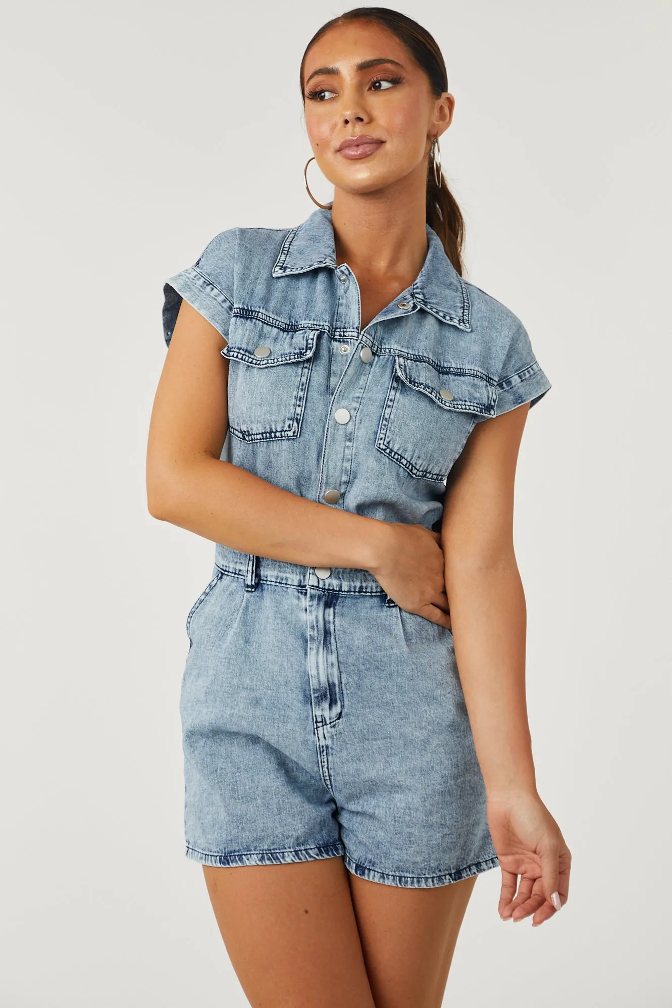 Medium Acid Wash Denim Button Down Romper sold by Lime Lush product image thumbnail 2