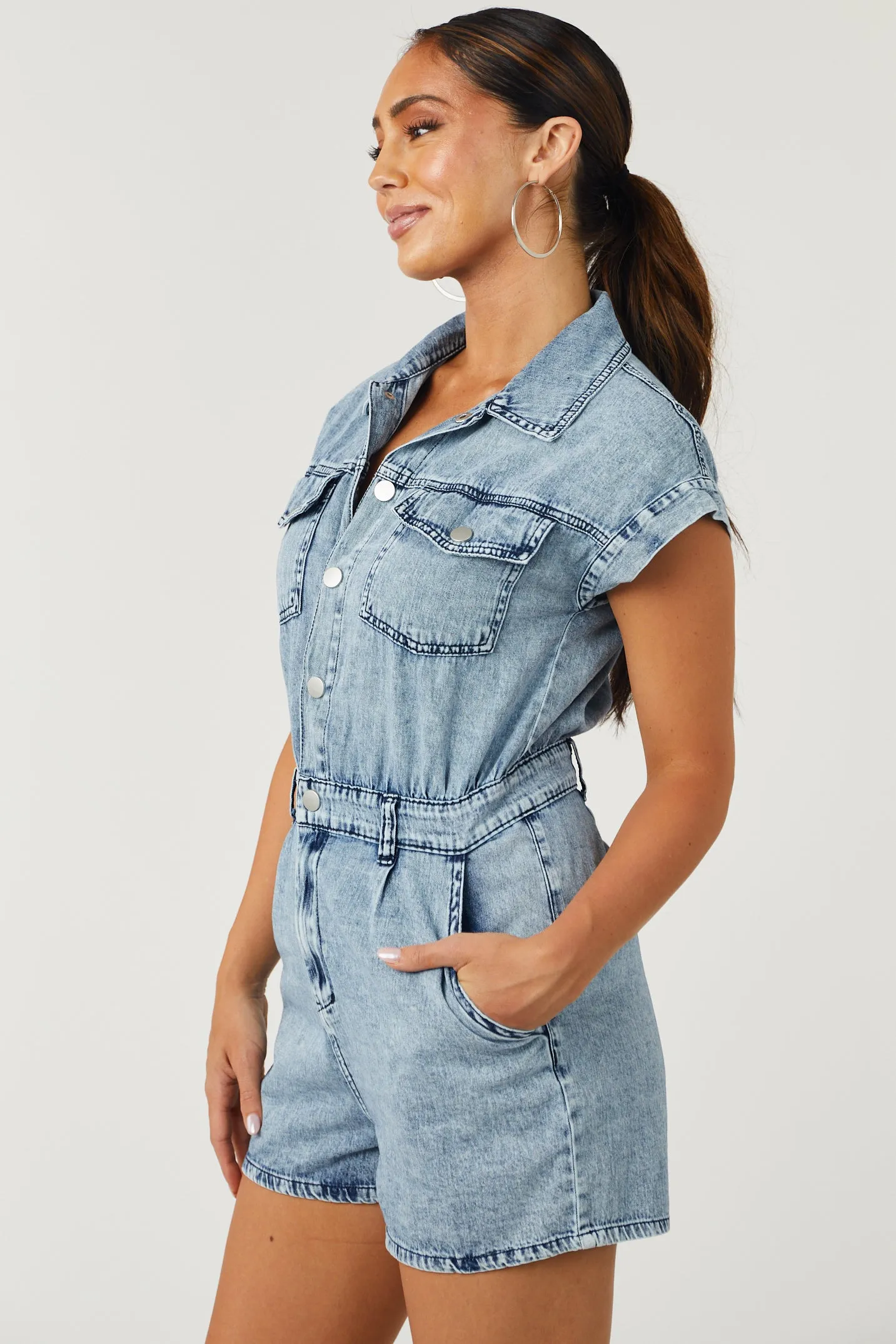 Medium Acid Wash Denim Button Down Romper sold by Lime Lush product image thumbnail 4