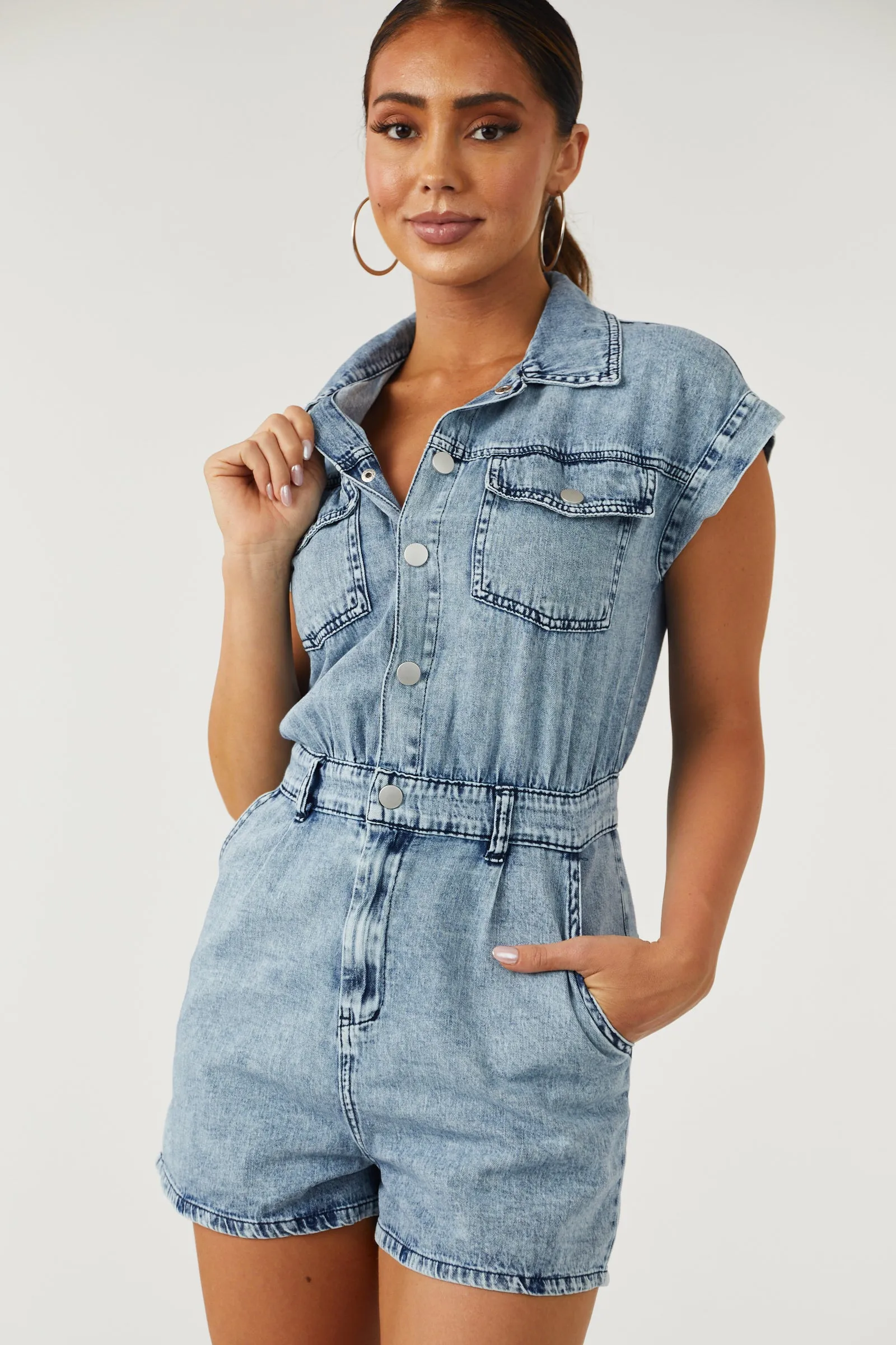 Medium Acid Wash Denim Button Down Romper sold by Lime Lush