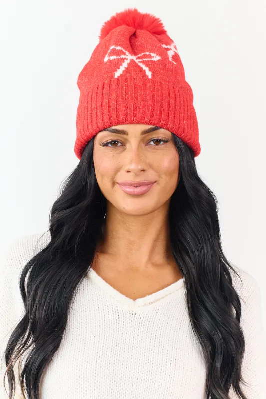 Lipstick Bow Print Pom Pom Knit Beanie sold by Lime Lush