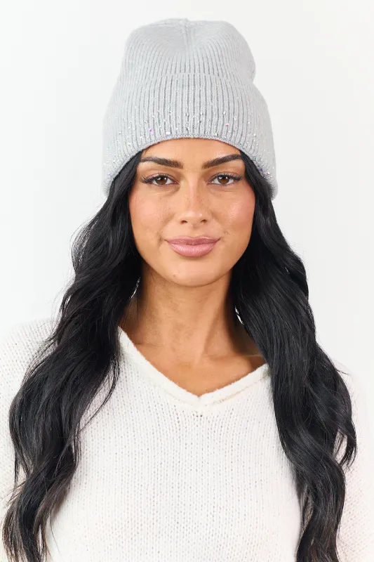 Dove Grey Ribbed Knit Rhinestone Beanie sold by Lime Lush