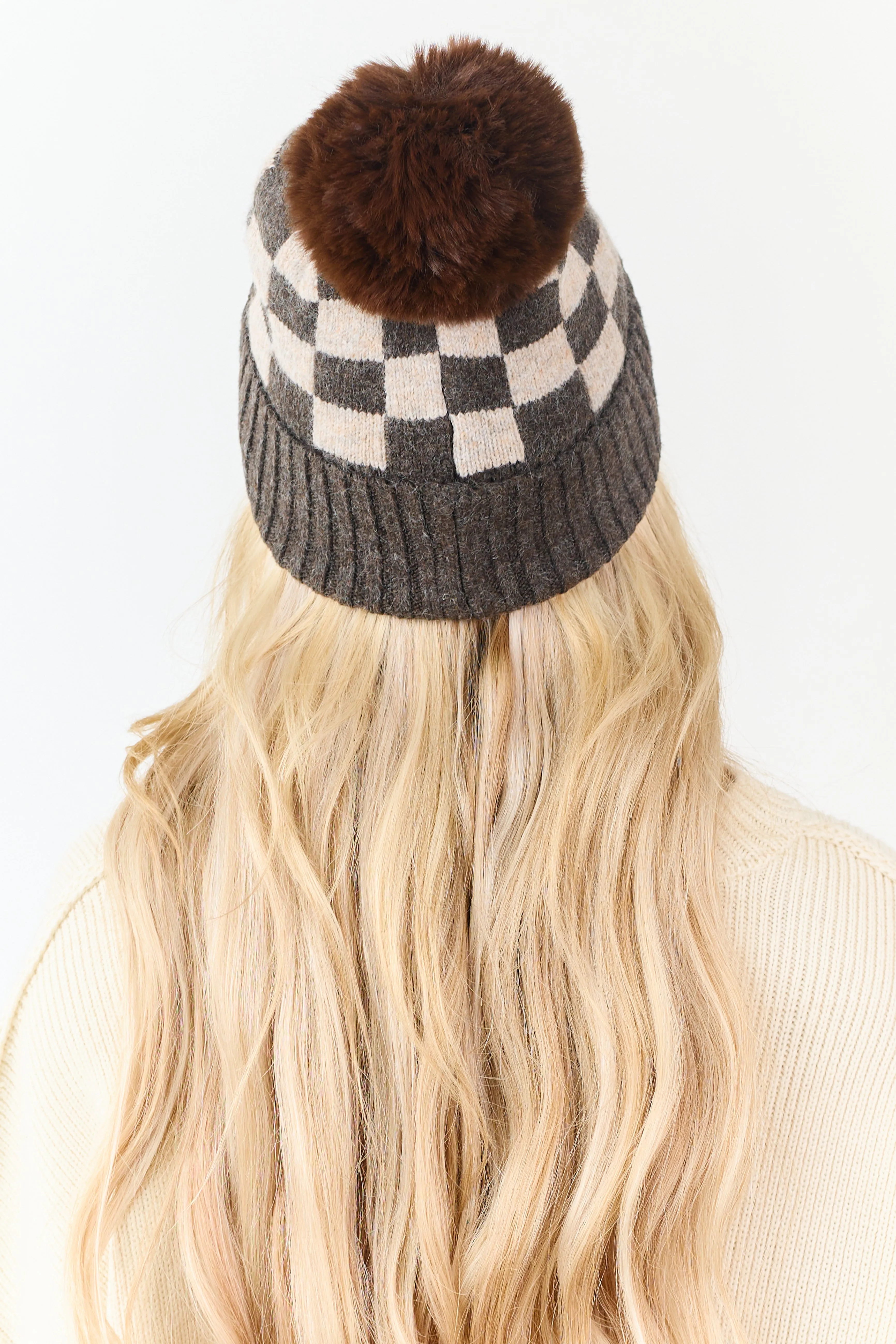 Cocoa and Camel Checkered Pom Pom Beanie sold by Lime Lush product image thumbnail 3