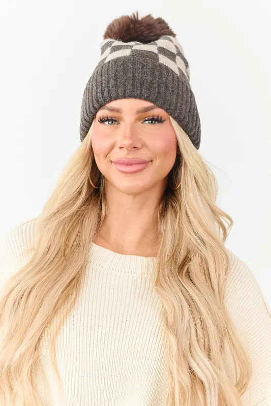 Cocoa and Camel Checkered Pom Pom Beanie sold by Lime Lush