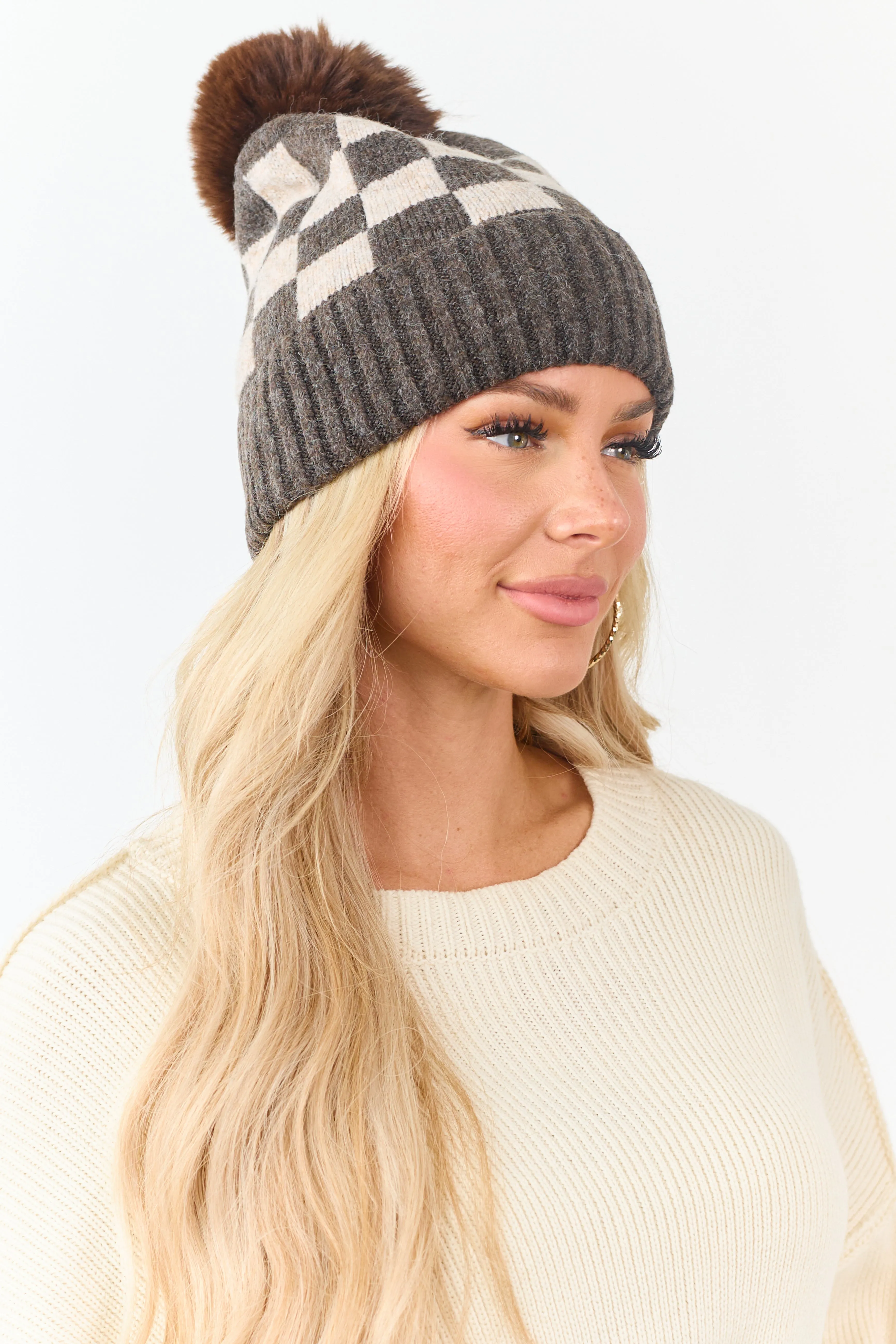 Cocoa and Camel Checkered Pom Pom Beanie sold by Lime Lush product image thumbnail 2