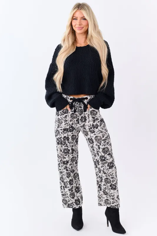 Cloud Grey Rose Print Waist Tie Wide Leg Denim Pants sold by Lime Lush