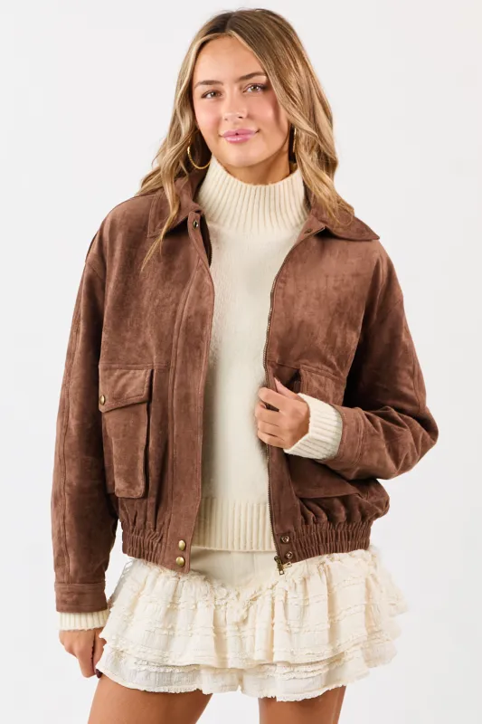Coffee Faux Suede Bomber Style Zip Up Jacket sold by Lime Lush