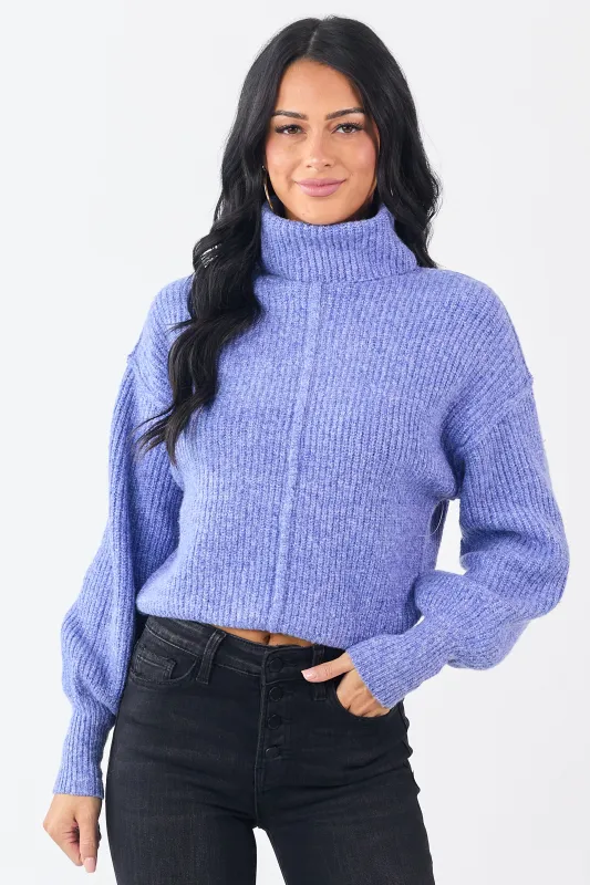 Heathered Sapphire Turtleneck Bubble Sleeve Sweater sold by Lime Lush