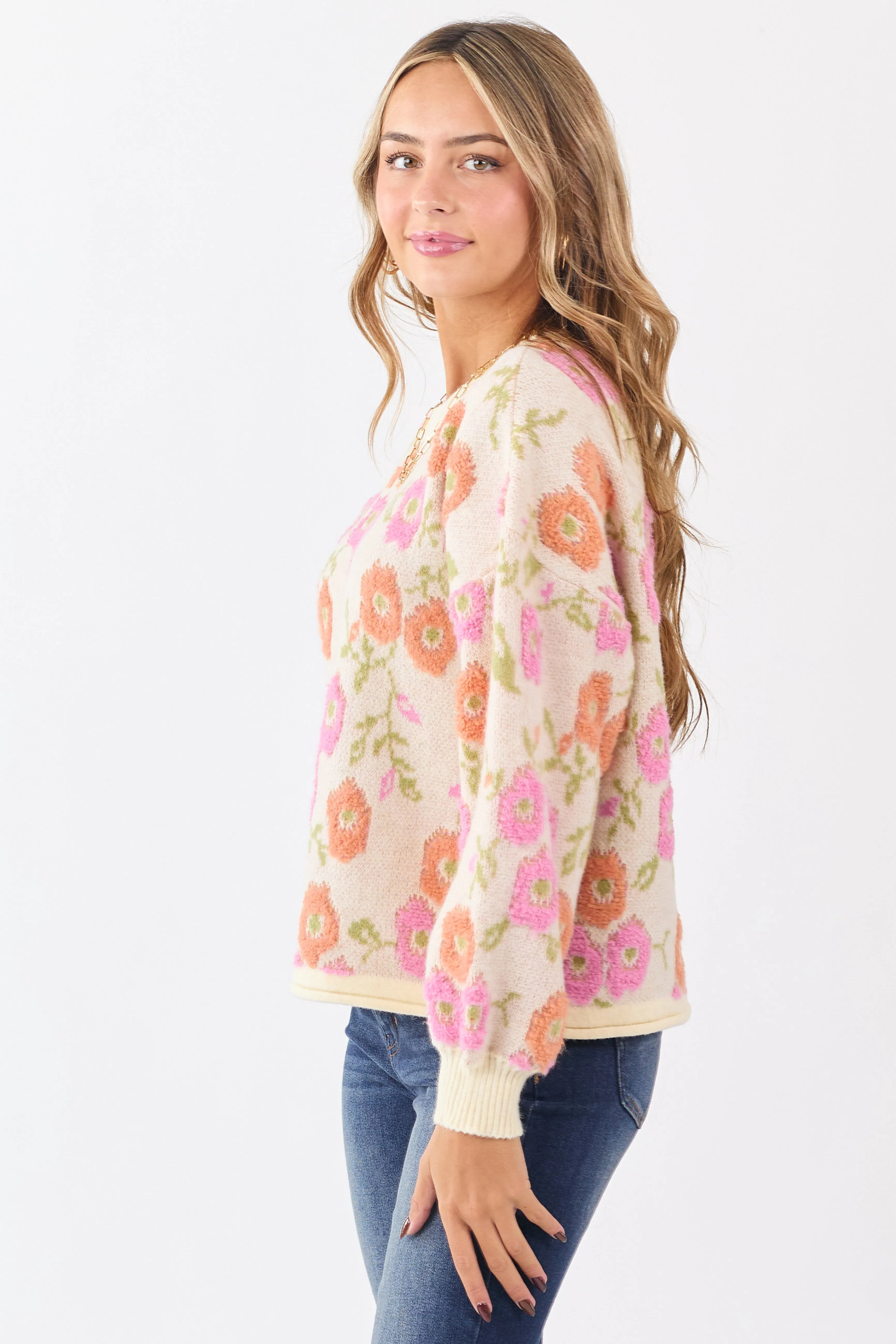 Cream Textured Floral Long Sleeve Sweater sold by Lime Lush product image thumbnail 4