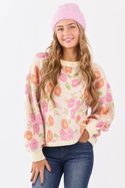 Cream Textured Floral Long Sleeve Sweater sold by Lime Lush