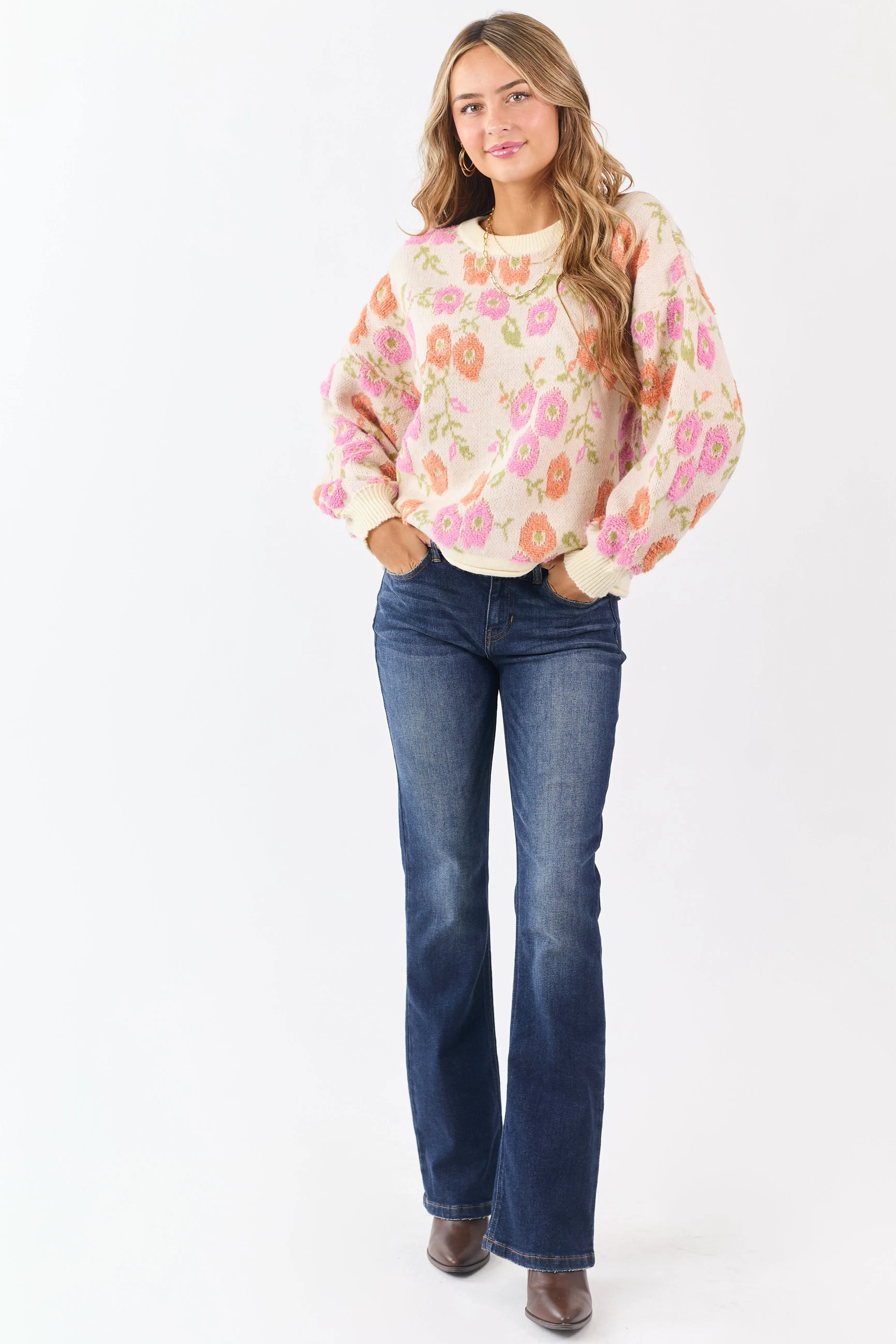 Cream Textured Floral Long Sleeve Sweater sold by Lime Lush product image thumbnail 3