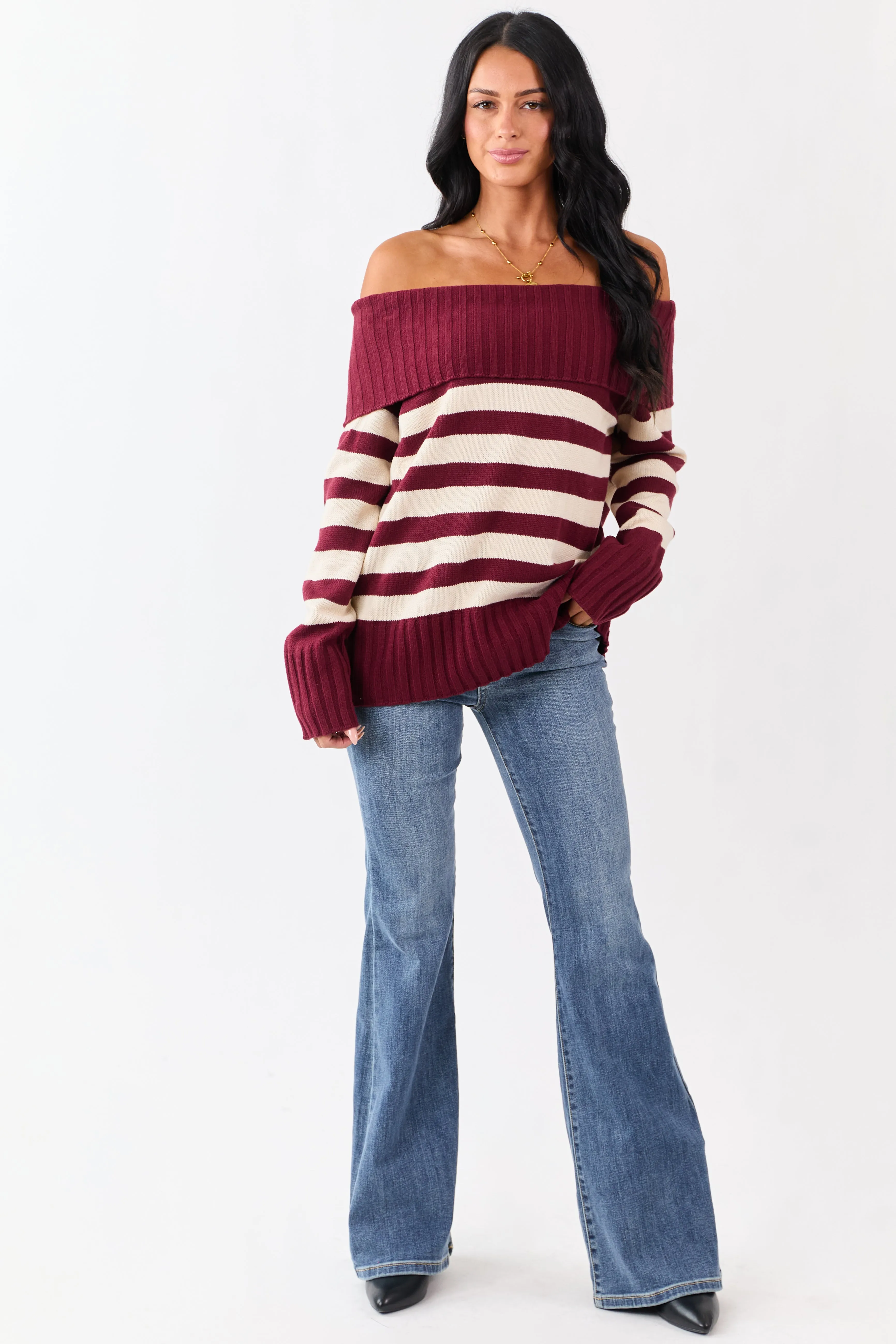 Maroon and Cream Striped Off Shoulder Sweater sold by Lime Lush product image thumbnail 3
