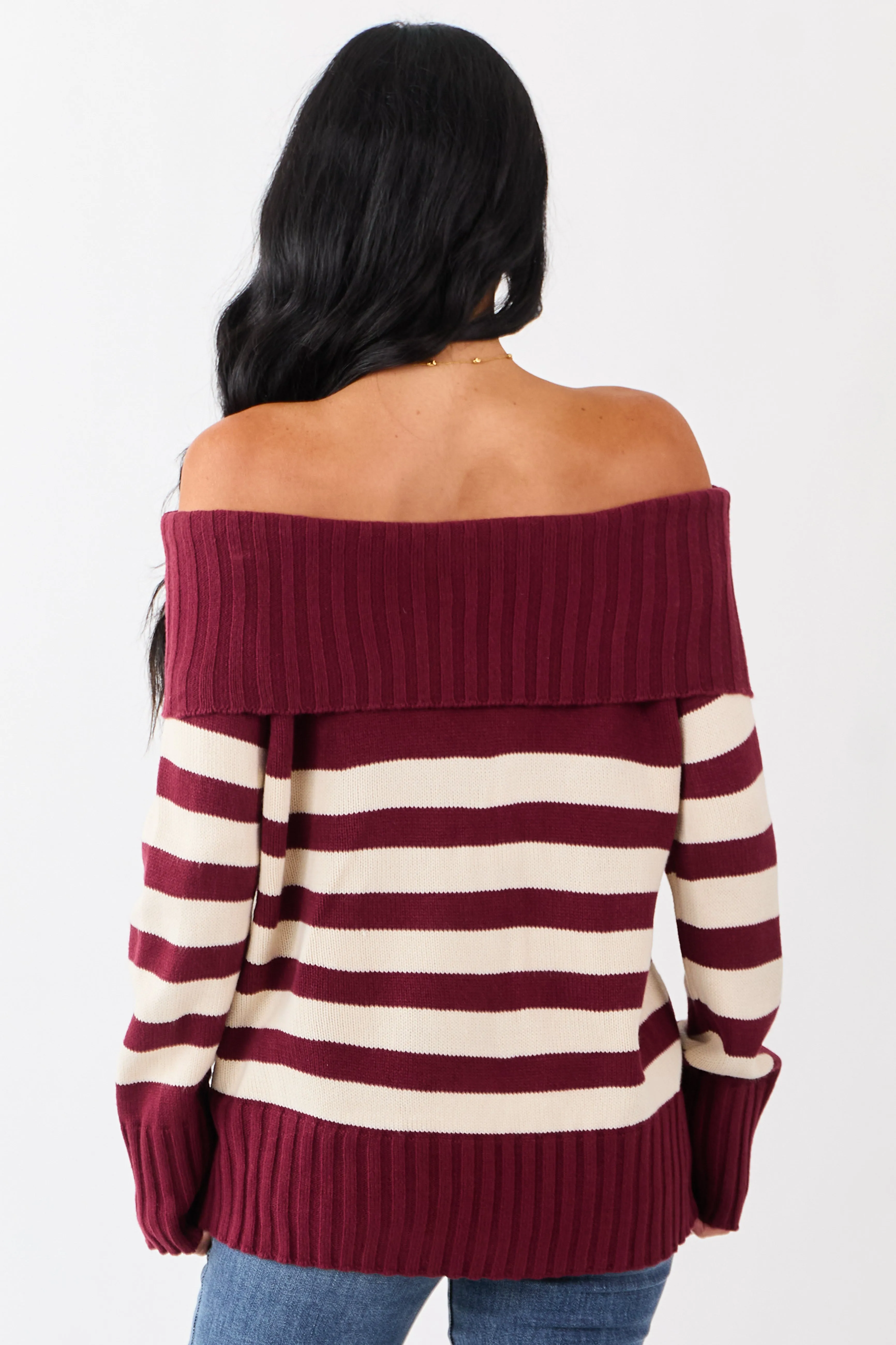 Maroon and Cream Striped Off Shoulder Sweater sold by Lime Lush product image thumbnail 5