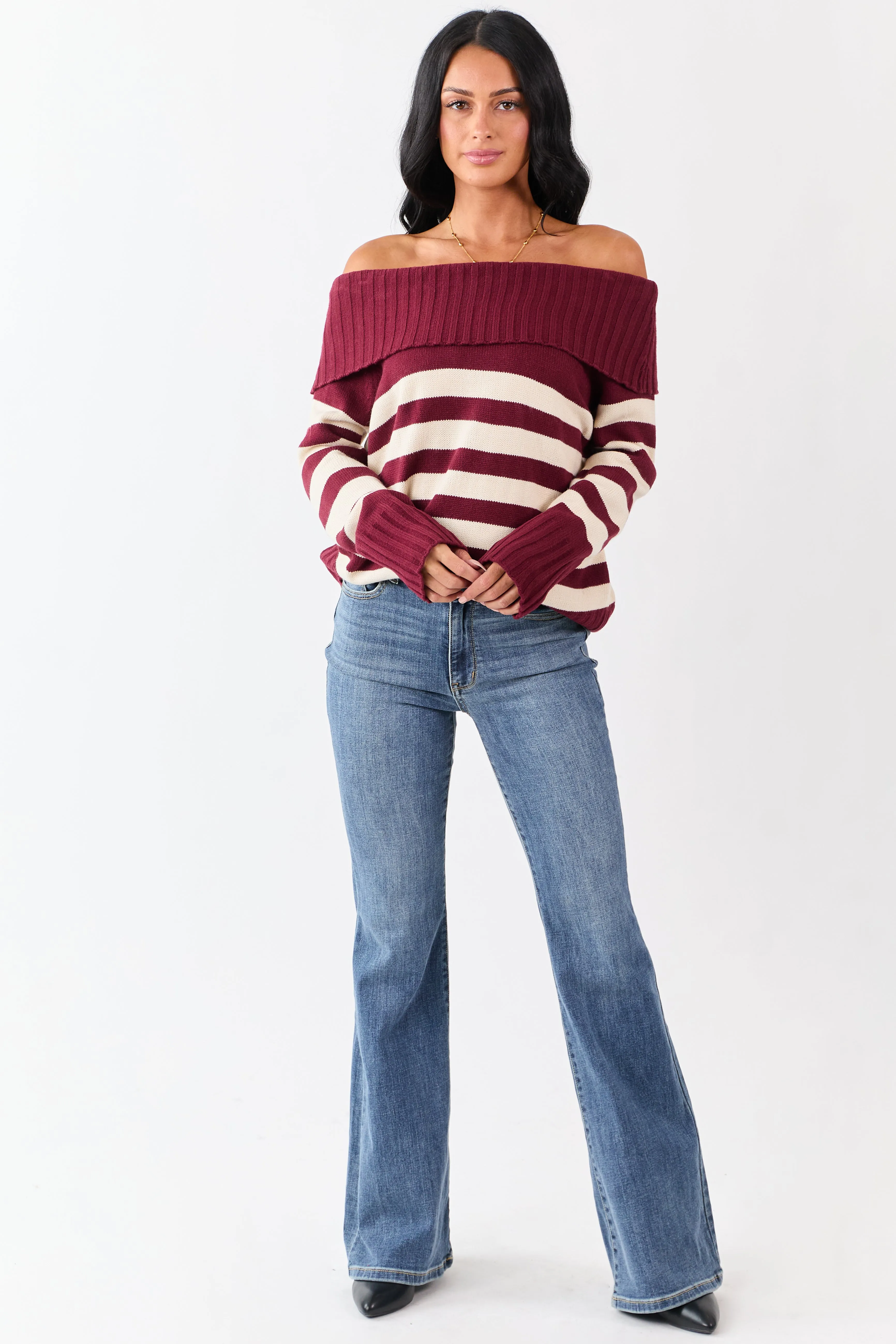 Maroon and Cream Striped Off Shoulder Sweater sold by Lime Lush product image thumbnail 2