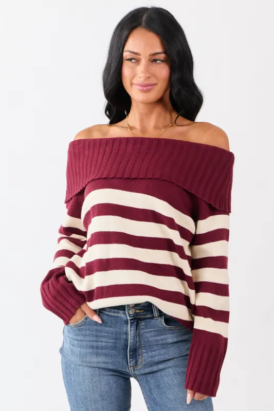 Maroon and Cream Striped Off Shoulder Sweater sold by Lime Lush