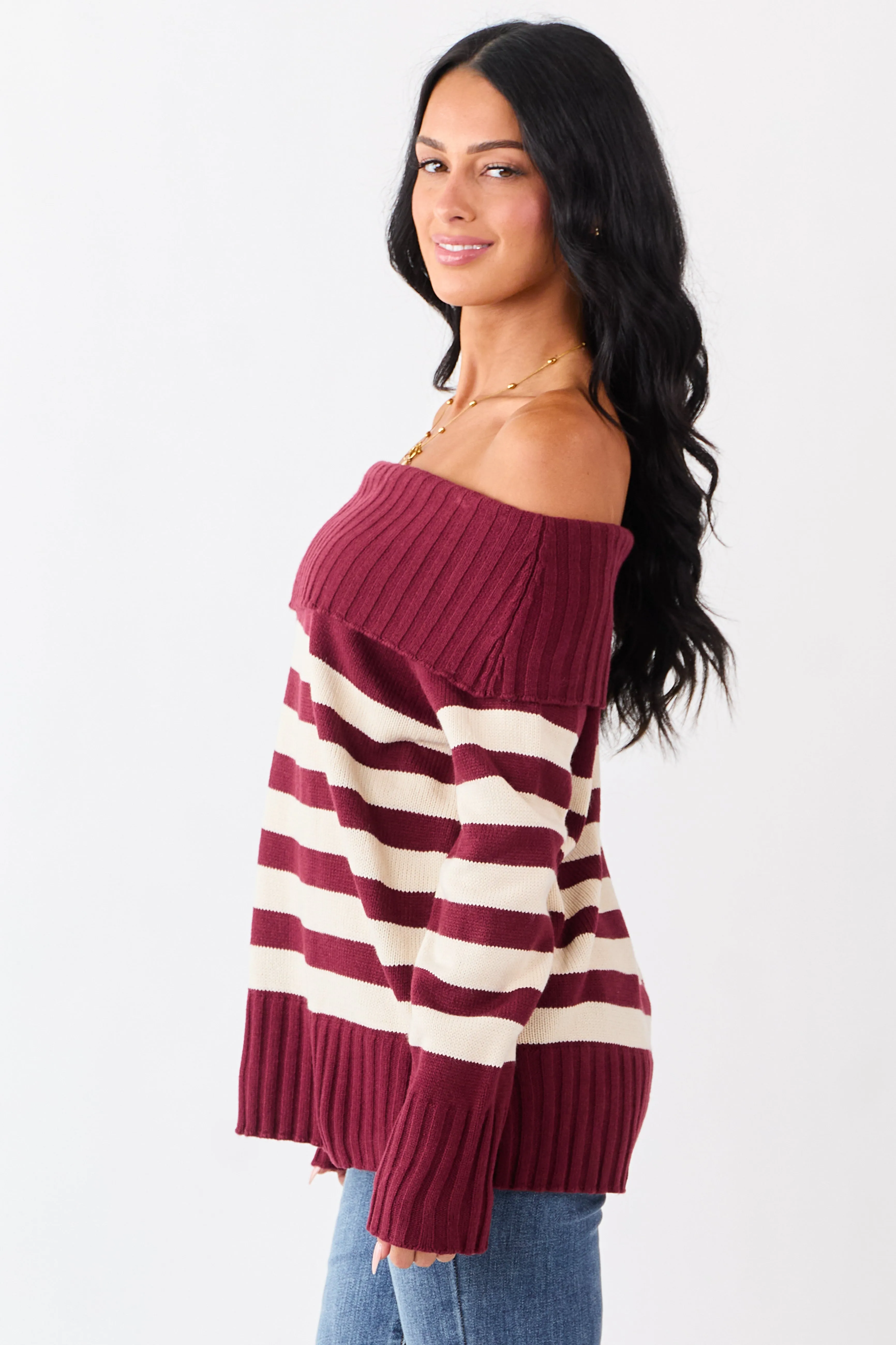 Maroon and Cream Striped Off Shoulder Sweater sold by Lime Lush product image thumbnail 4