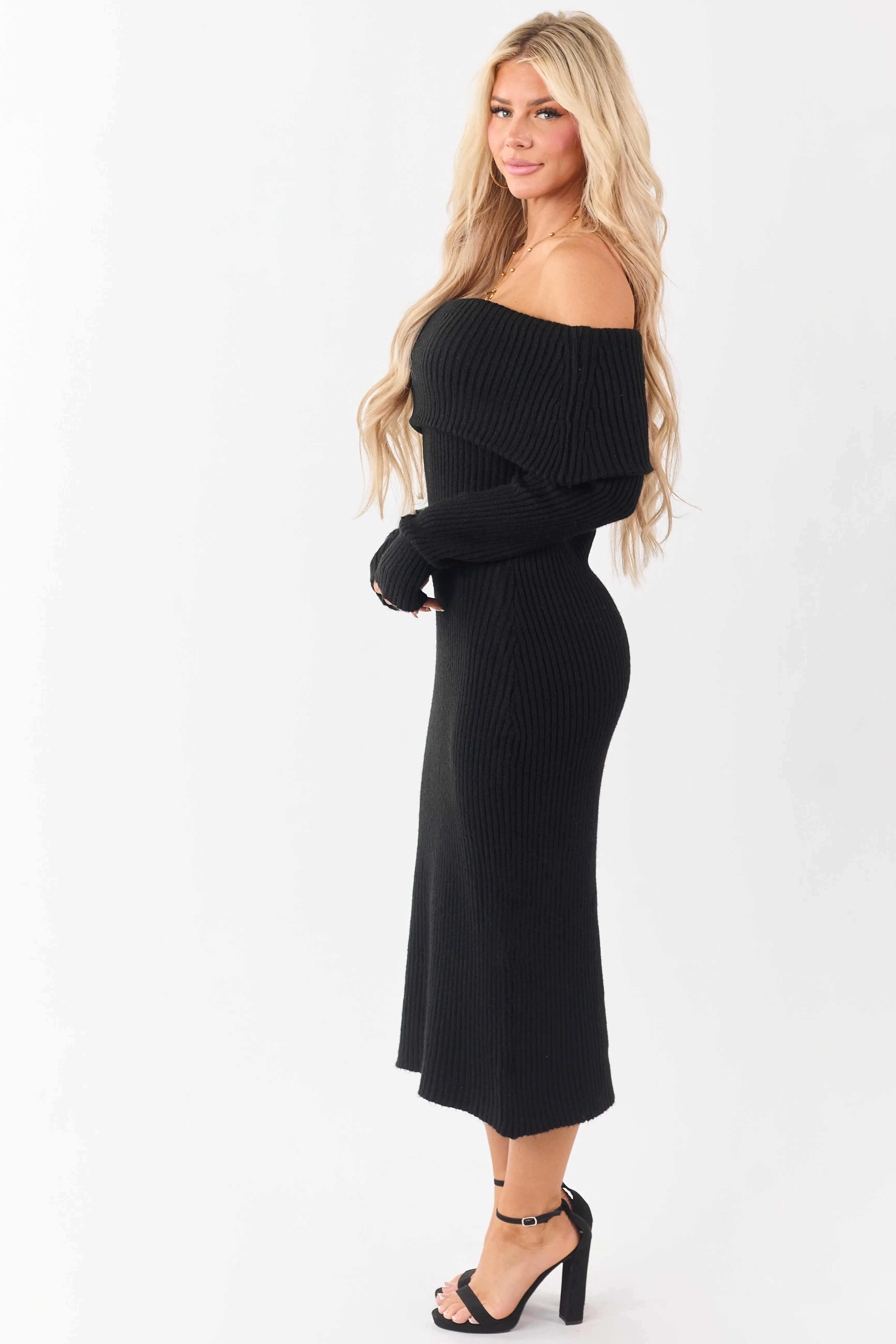 Entro Black Ribbed Knit Off Shoulder Midi Dress sold by Lime Lush product image thumbnail 4