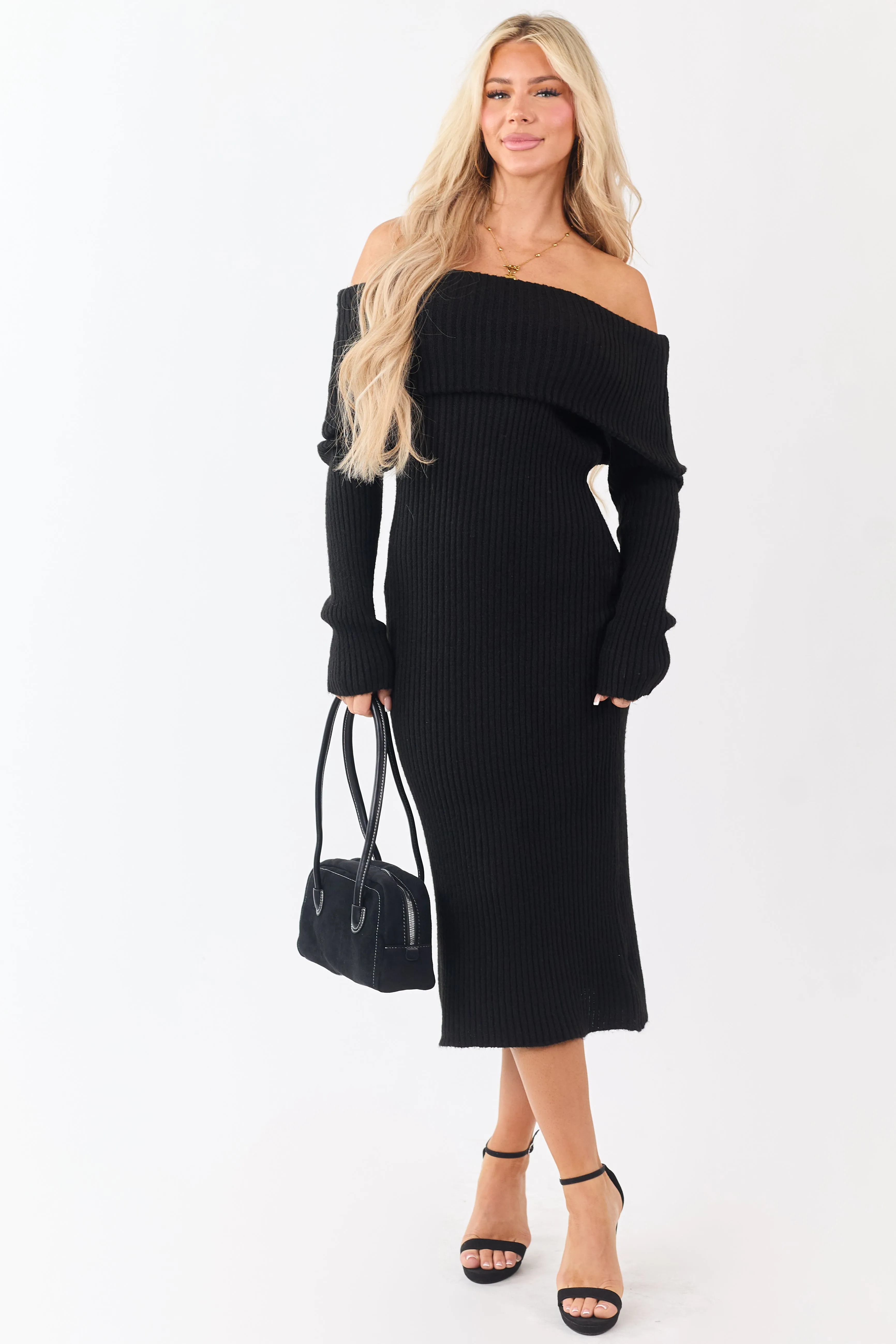 Entro Black Ribbed Knit Off Shoulder Midi Dress sold by Lime Lush product image thumbnail 2