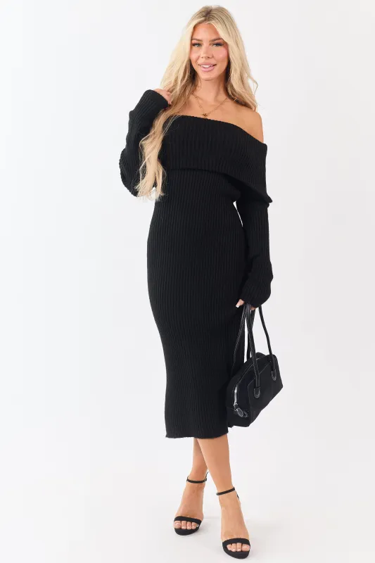 Entro Black Ribbed Knit Off Shoulder Midi Dress sold by Lime Lush