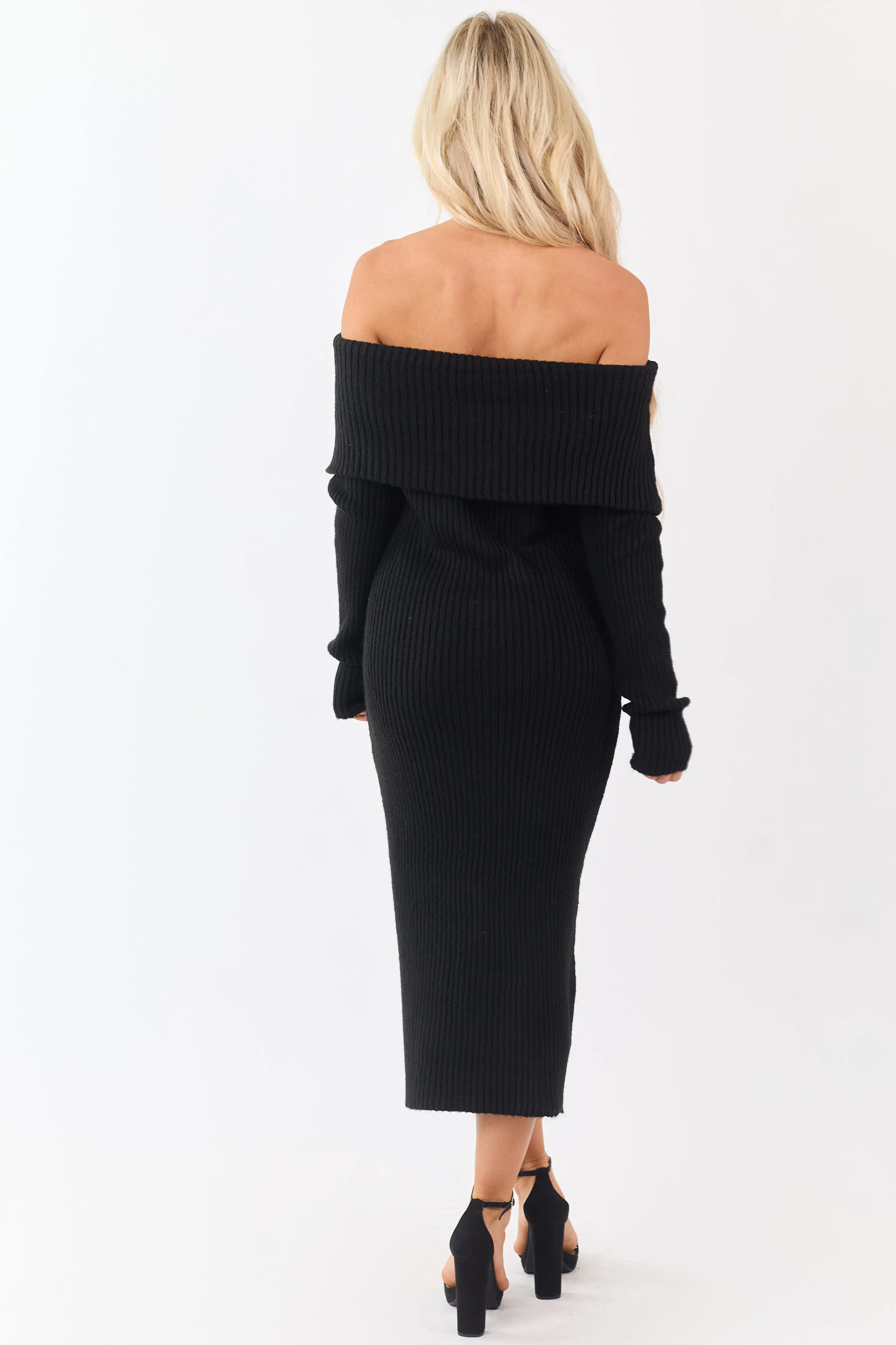 Entro Black Ribbed Knit Off Shoulder Midi Dress sold by Lime Lush product image thumbnail 5
