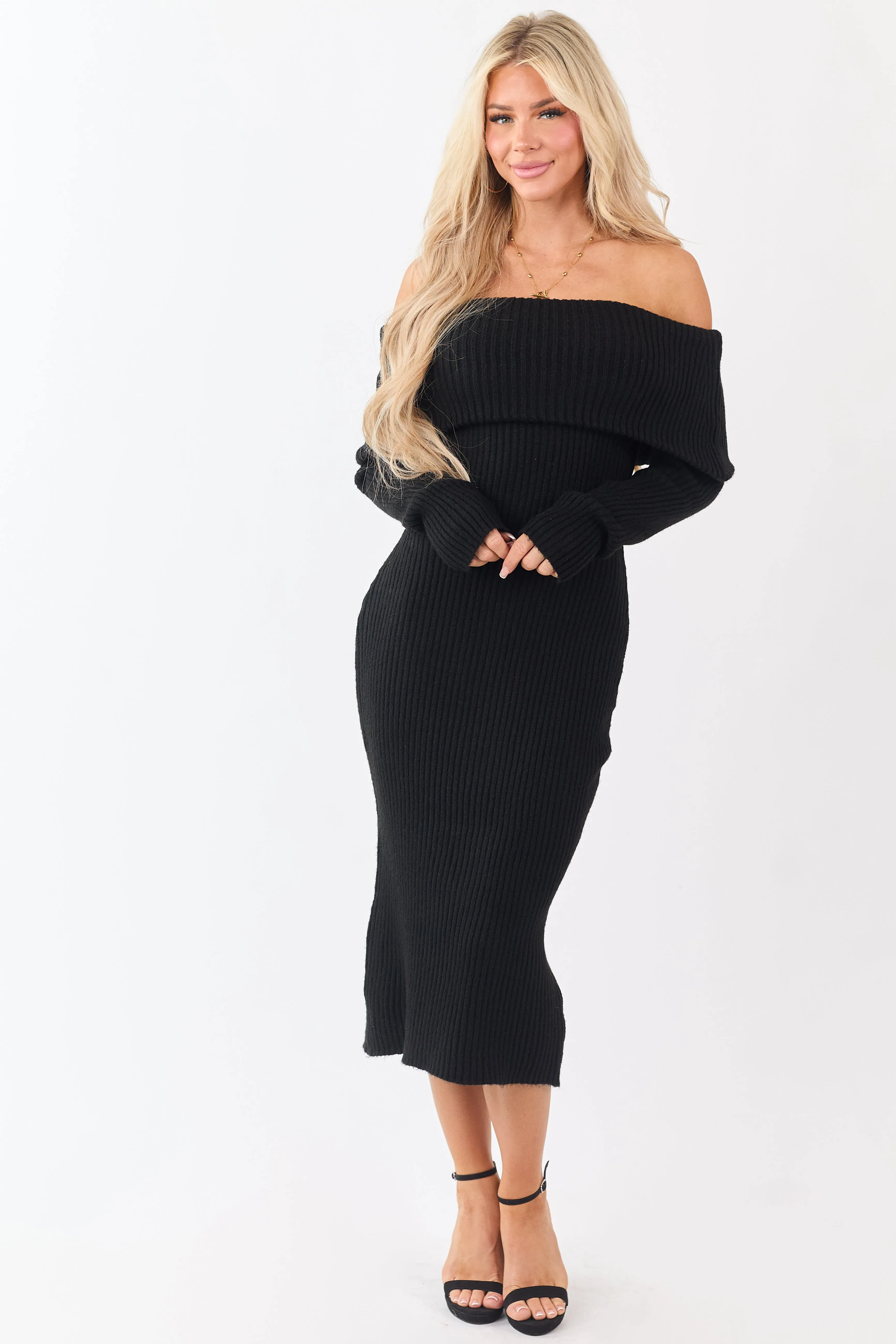 Entro Black Ribbed Knit Off Shoulder Midi Dress sold by Lime Lush product image thumbnail 3
