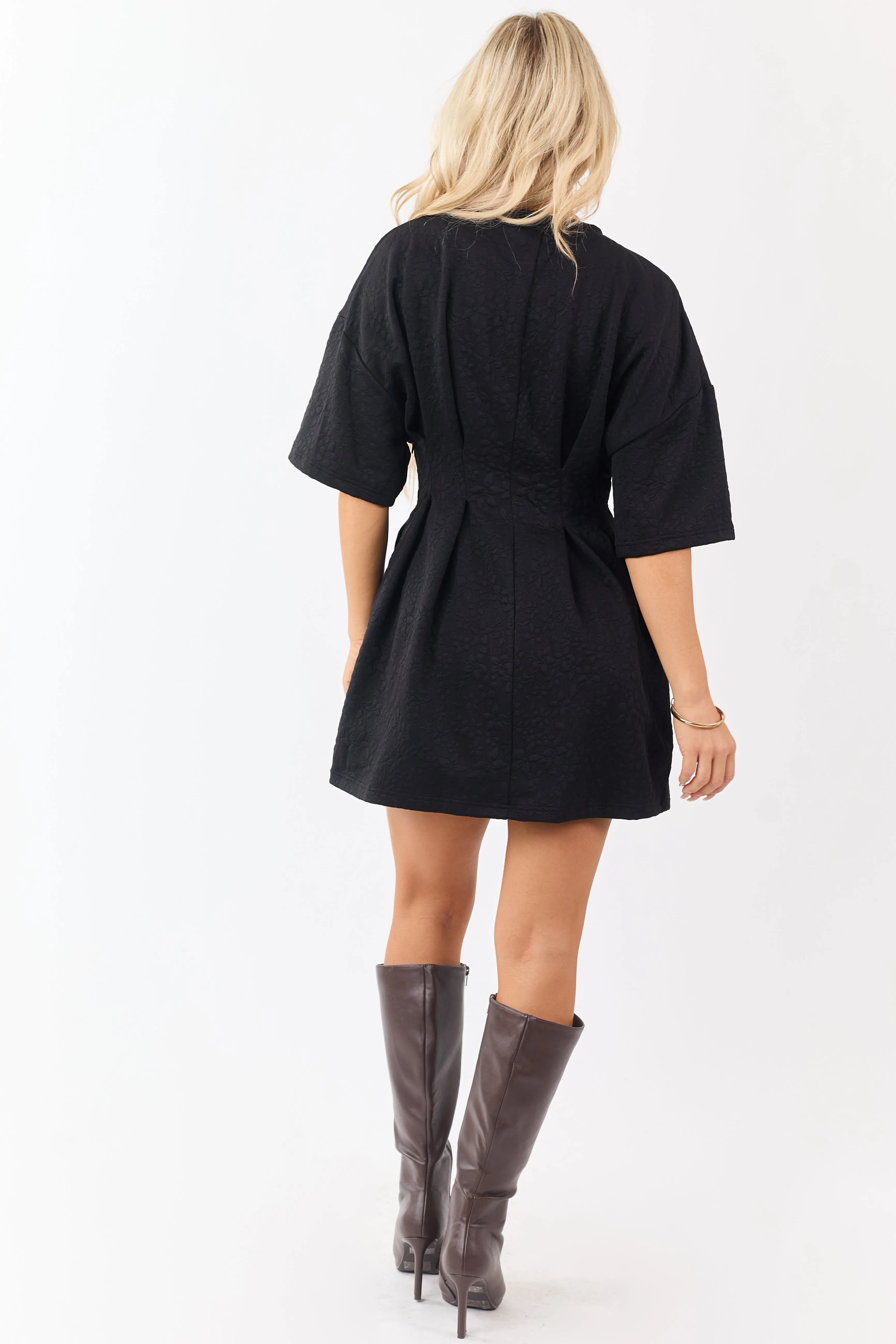 Black Textured Floral Jacquard Pleated Mini Dress sold by Lime Lush product image thumbnail 5