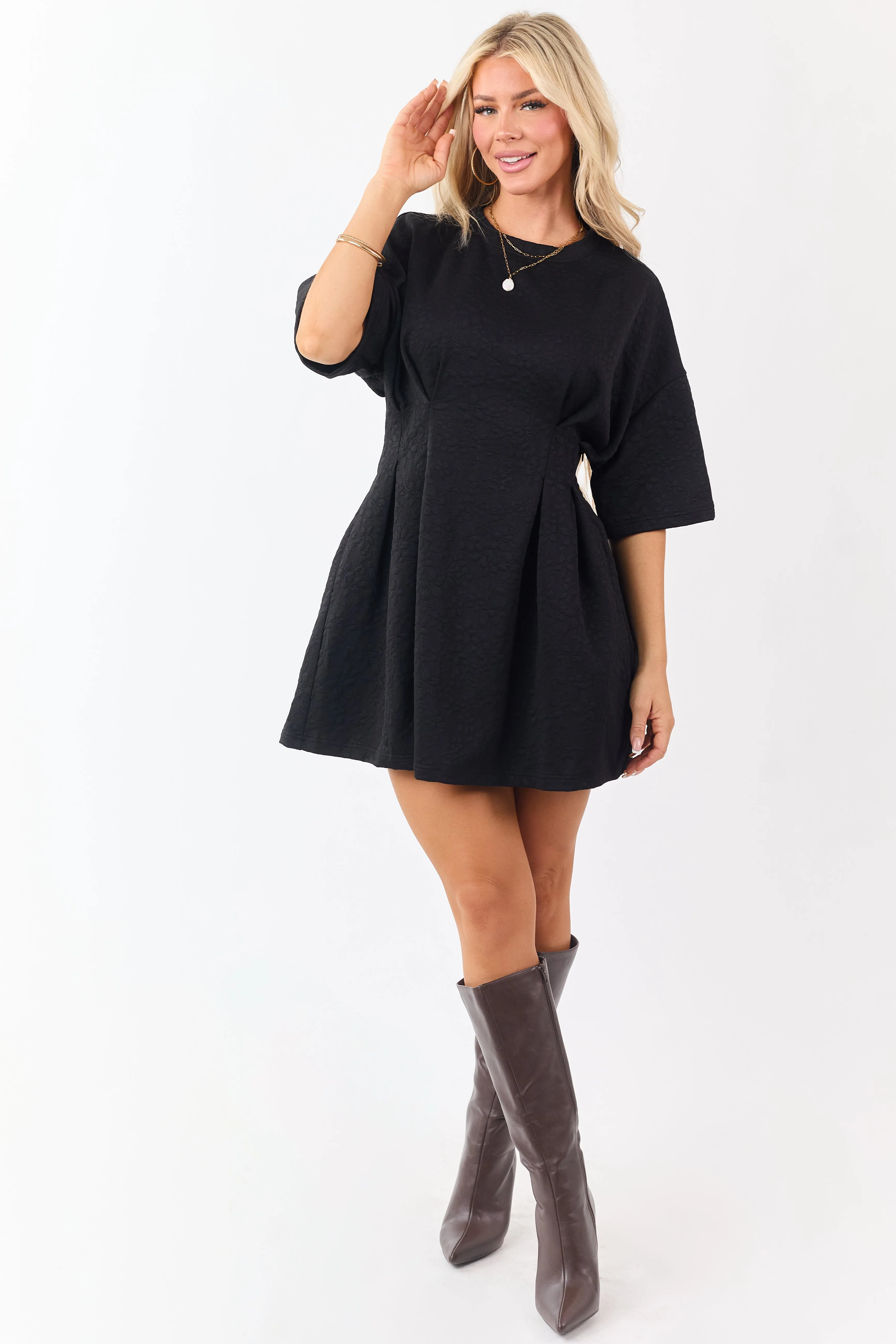 Black Textured Floral Jacquard Pleated Mini Dress sold by Lime Lush product image thumbnail 2