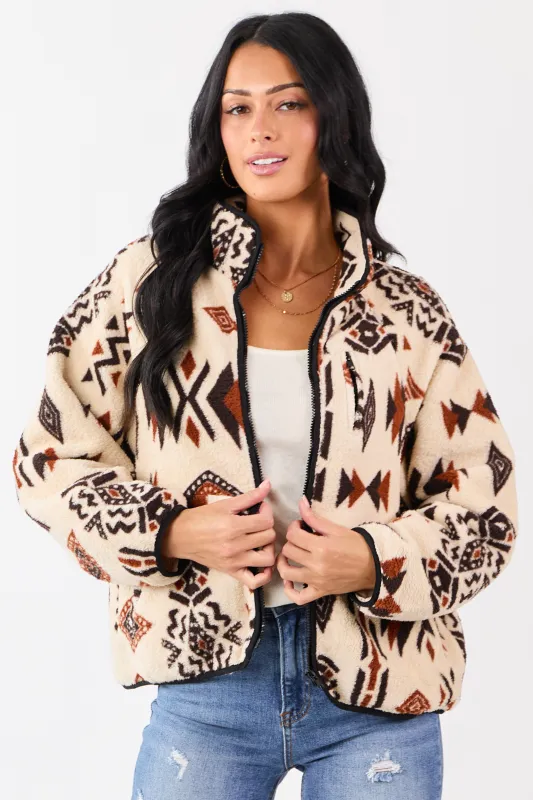 Almond Aztec Pattern Zip Up Sherpa Jacket sold by Lime Lush