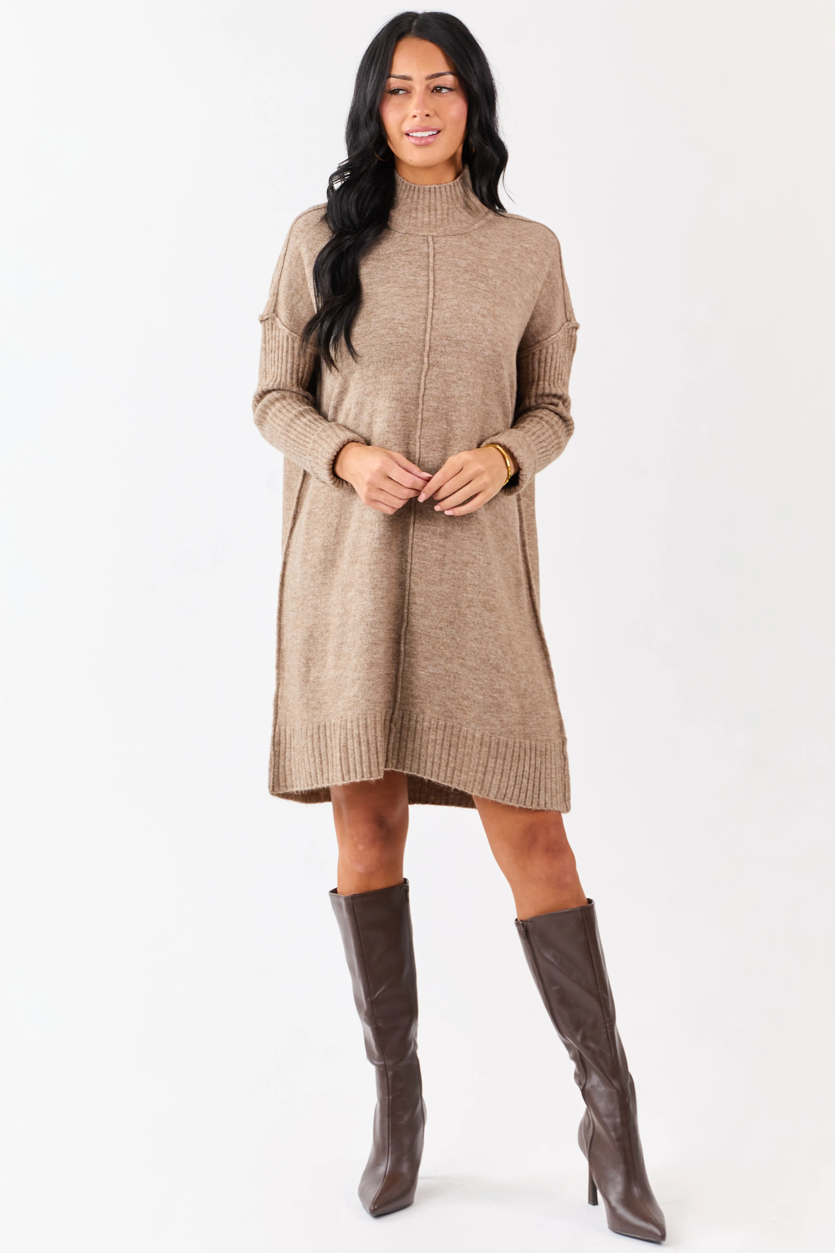 Heathered Coffee Mock Neck Mini Sweater Dress sold by Lime Lush product image thumbnail 2