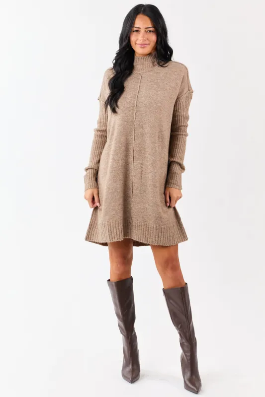 Heathered Coffee Mock Neck Mini Sweater Dress sold by Lime Lush