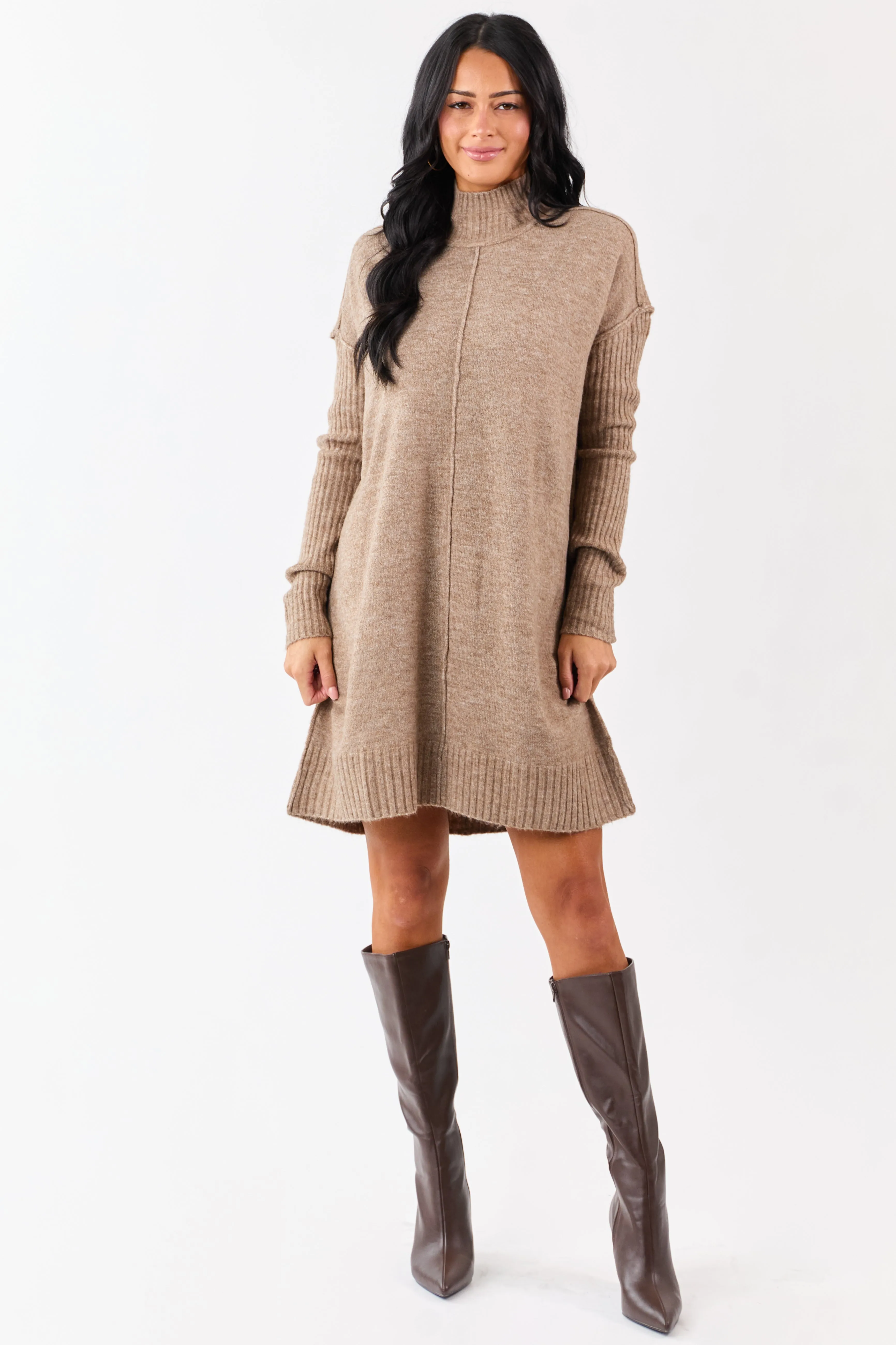 Heathered Coffee Mock Neck Mini Sweater Dress sold by Lime Lush