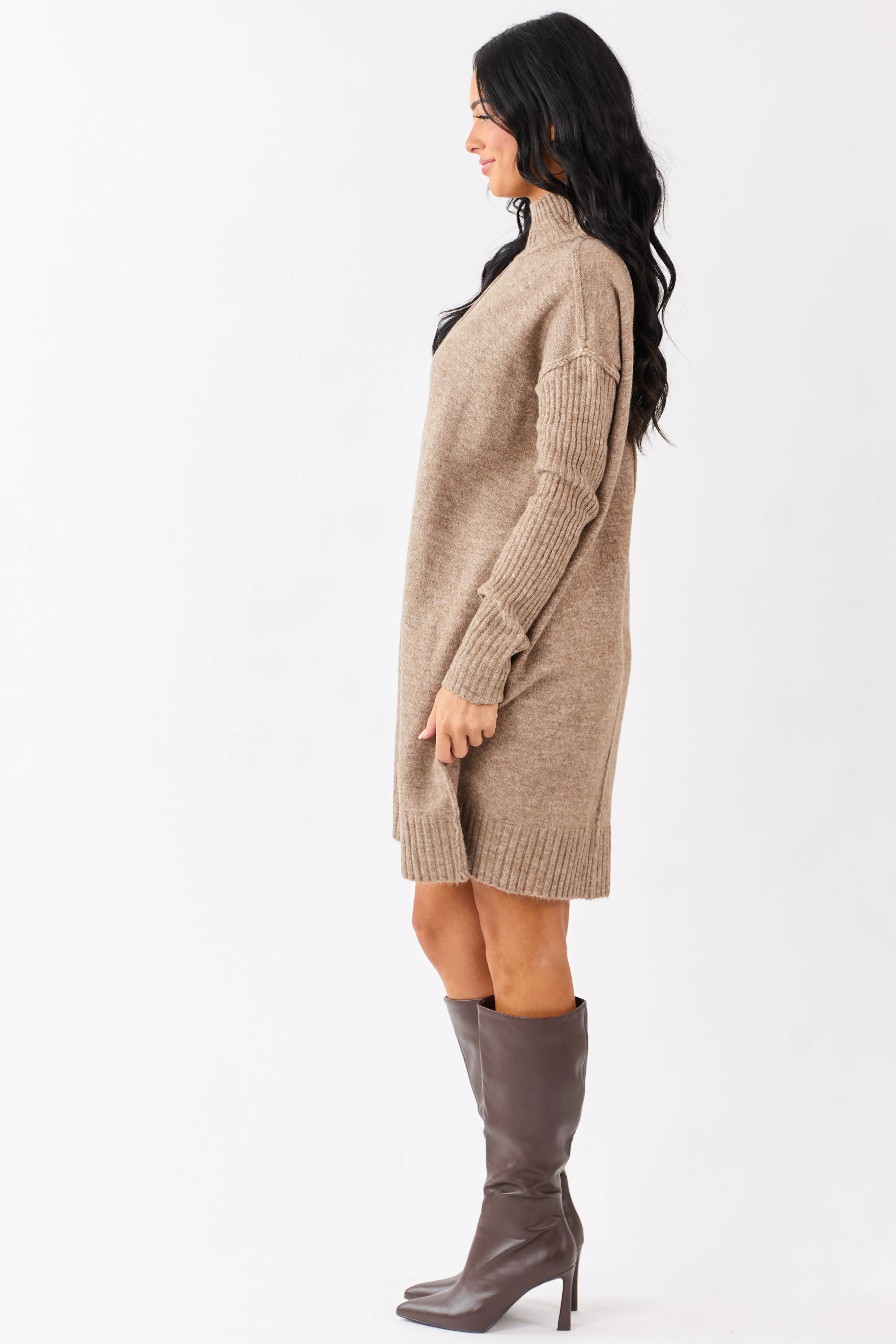 Heathered Coffee Mock Neck Mini Sweater Dress sold by Lime Lush product image thumbnail 3