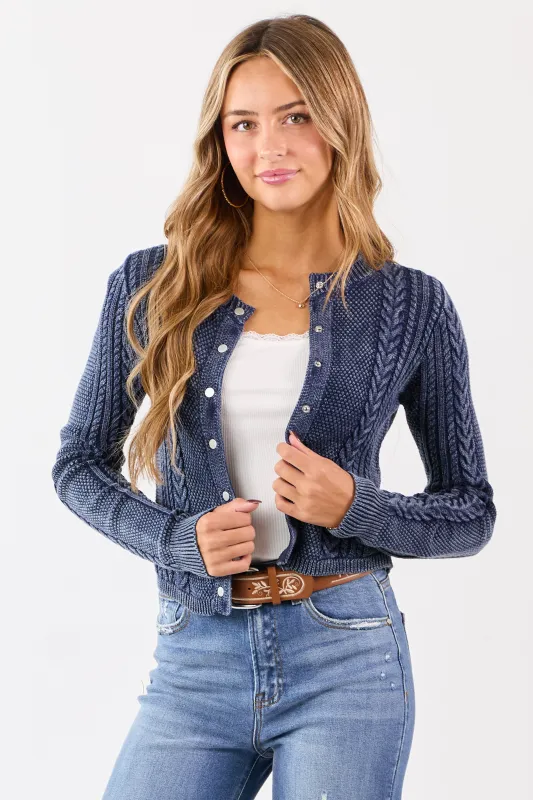 Washed Navy Cable Knit Cotton Sweater Cardigan sold by Lime Lush