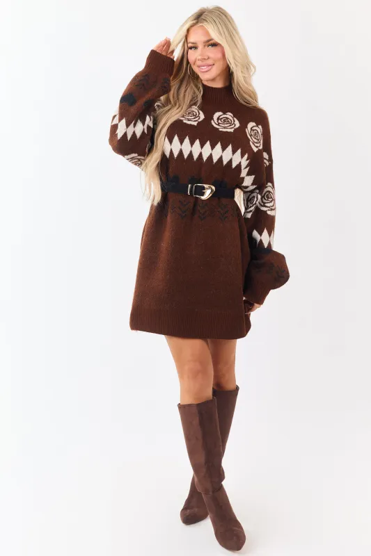 Dark Sepia Multi Print Mock Neck Mini Sweater Dress made by Promesa