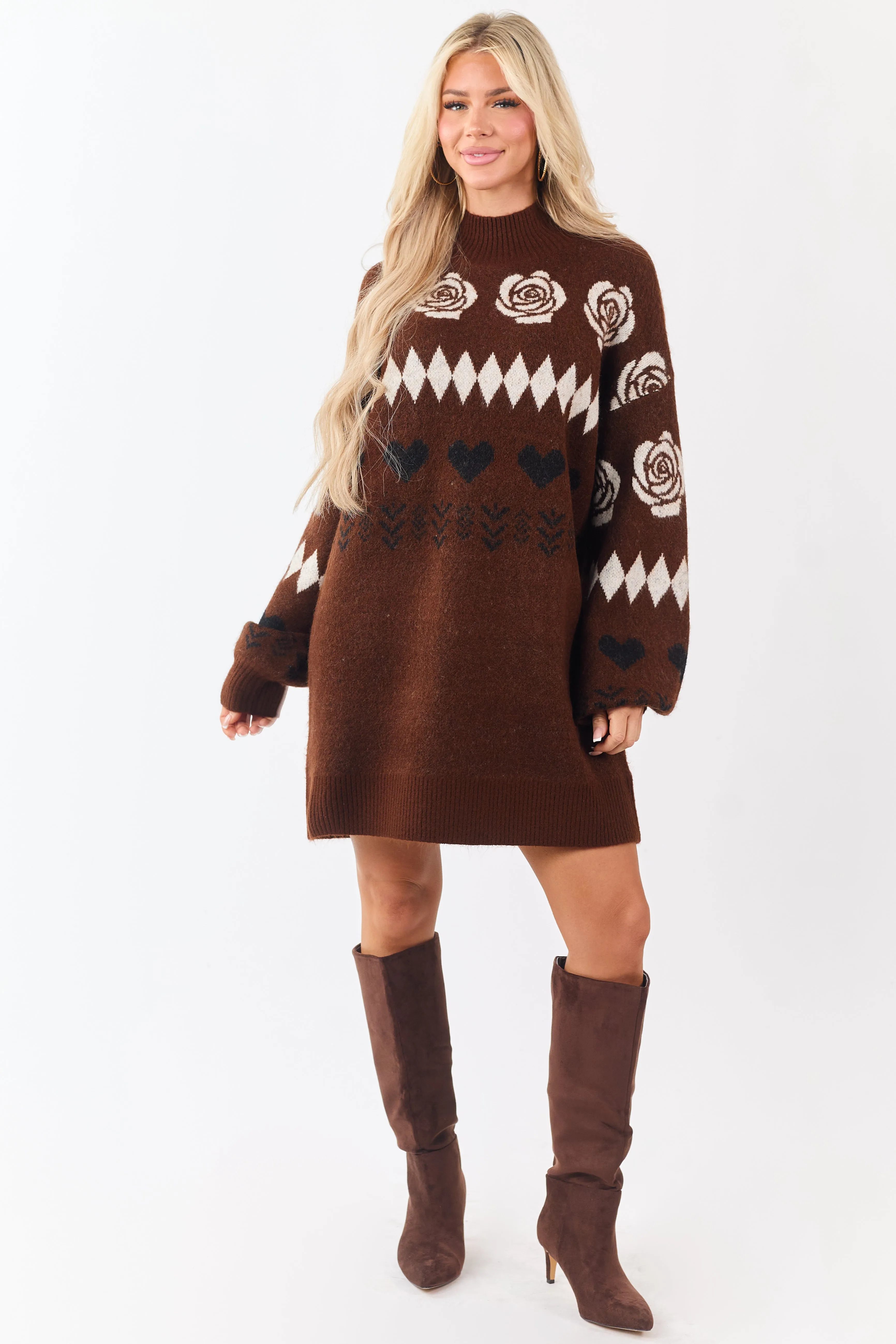 Dark Sepia Multi Print Mock Neck Mini Sweater Dress sold by Lime Lush product image thumbnail 2